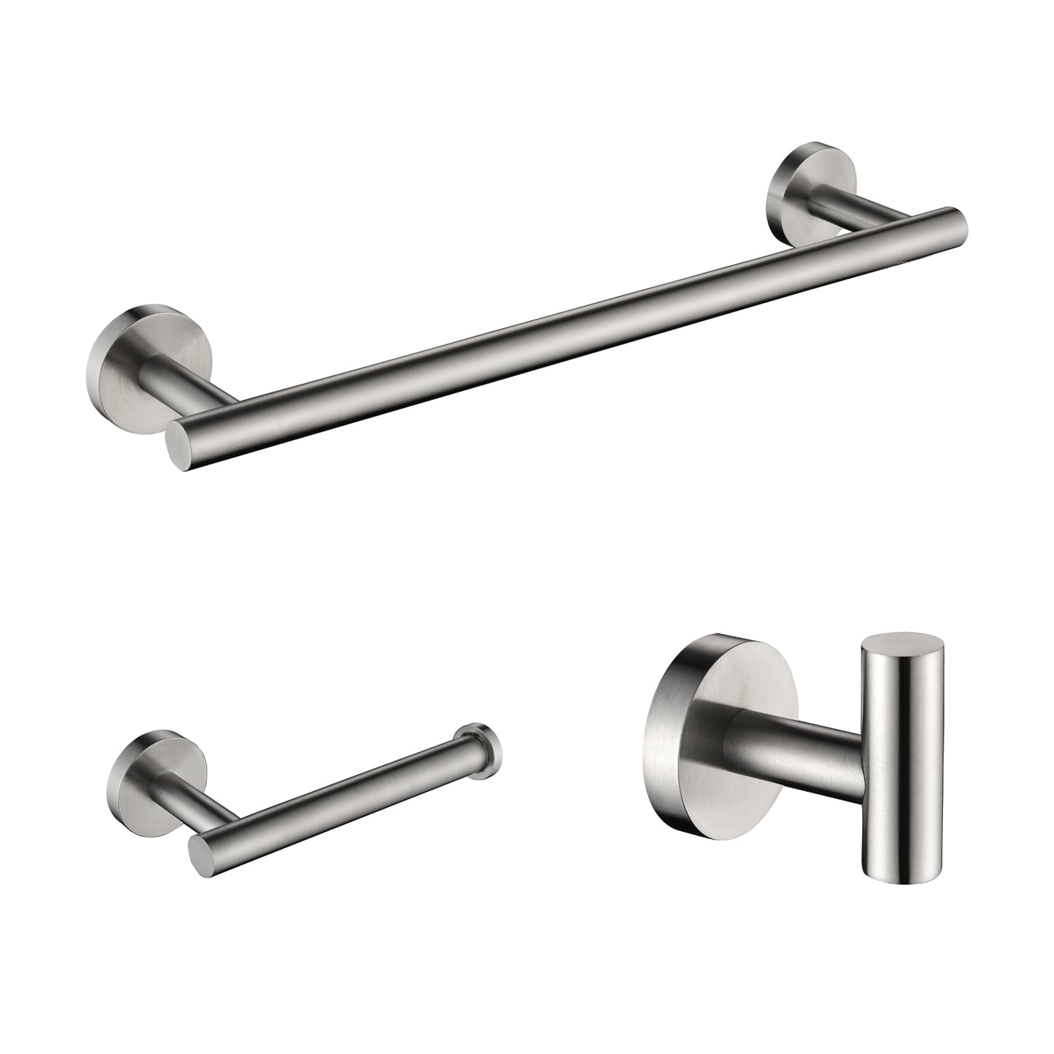 Set de accesorios para baño decorativos de níquel cepillado de 3 piezas - Barra para toallas, porta papel higiénico, y gancho para batas incluidos Q-875-OTOP