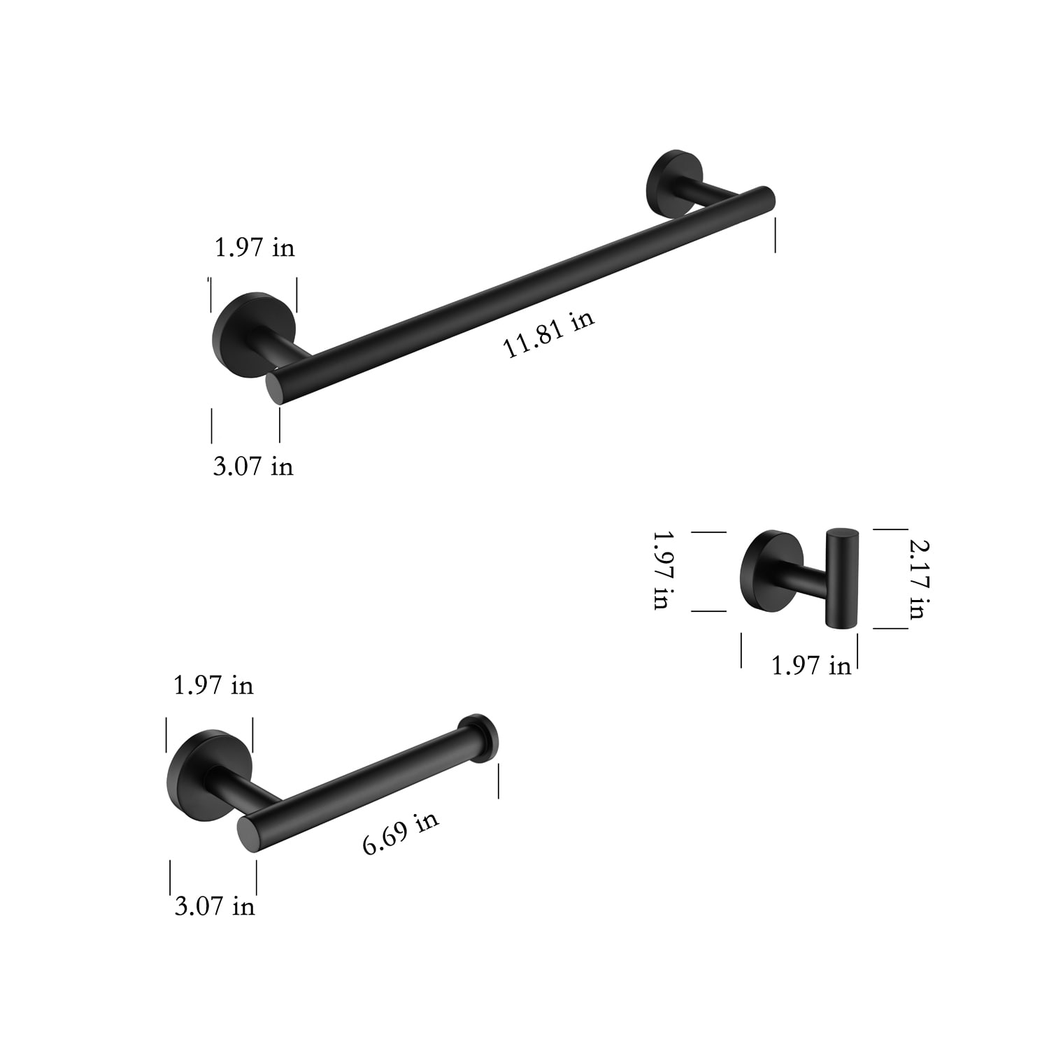 Juego de Accesorios de Baño Decorativos en Negro Mate de 3 Piezas - Barra para Toallas, Portarrollos de Papel Higiénico y Gancho para Batas Incluidos Q-873-OTOP