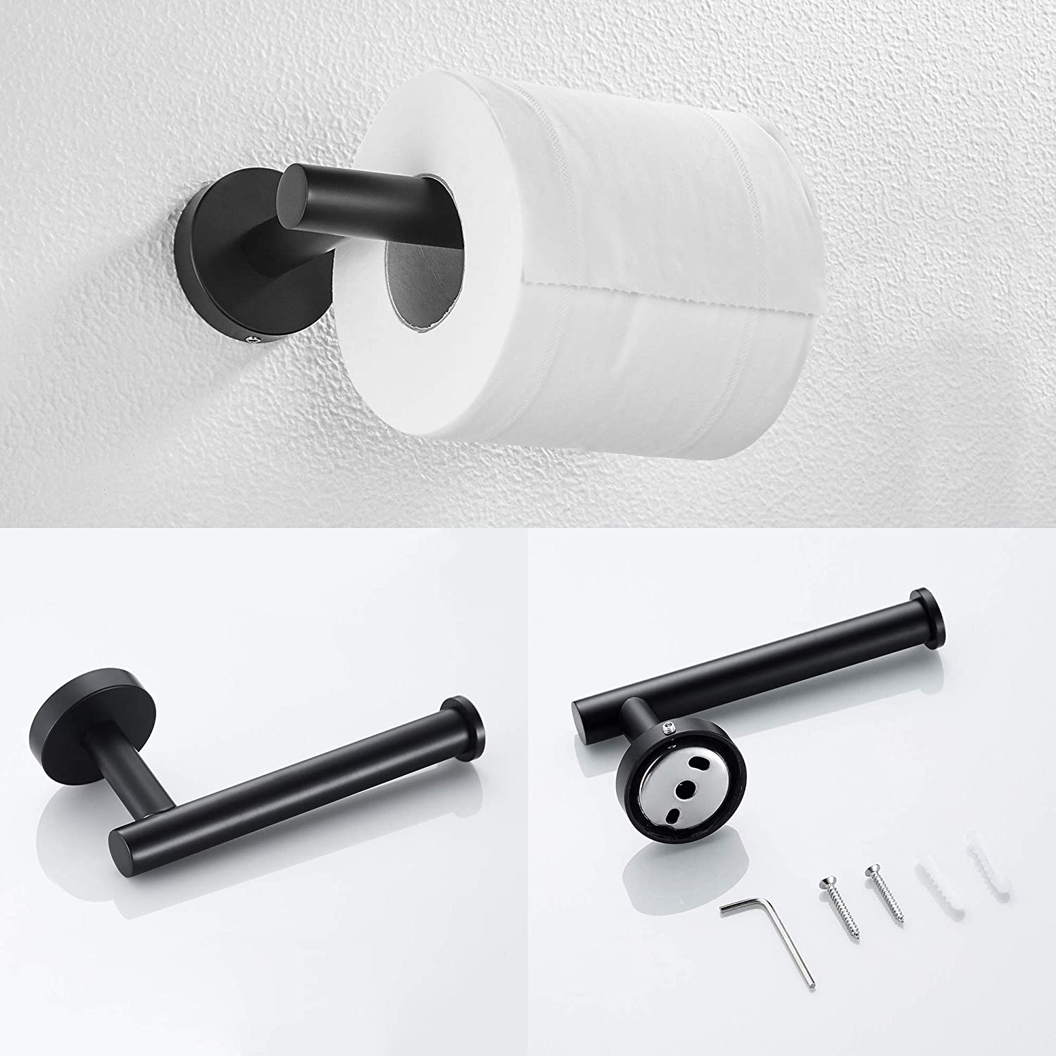 Juego de Accesorios de Baño Decorativos en Negro Mate de 3 Piezas - Barra para Toallas, Portarrollos de Papel Higiénico y Gancho para Batas Incluidos Q-873-OTOP