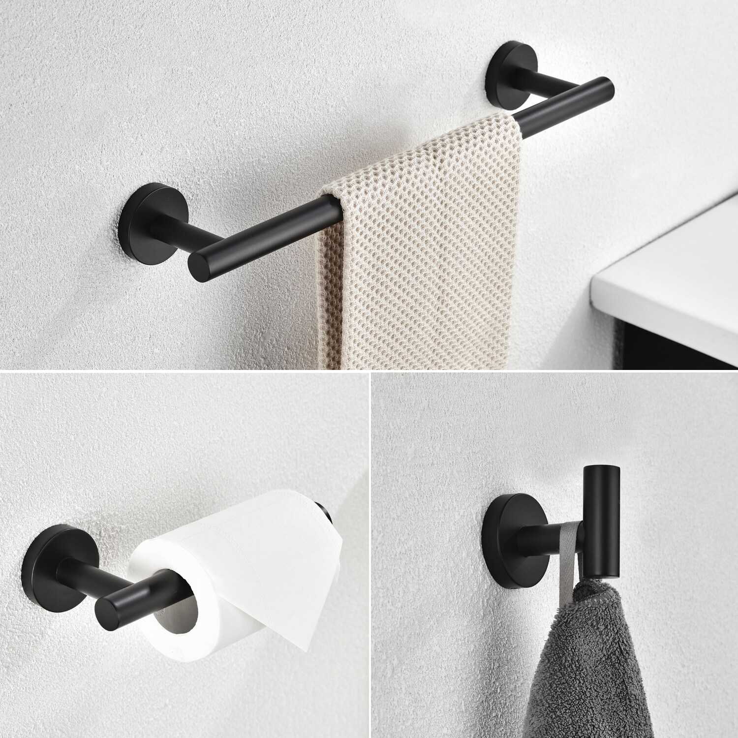 Juego de Accesorios de Baño Decorativos en Negro Mate de 3 Piezas - Barra para Toallas, Portarrollos de Papel Higiénico y Gancho para Batas Incluidos Q-873-OTOP