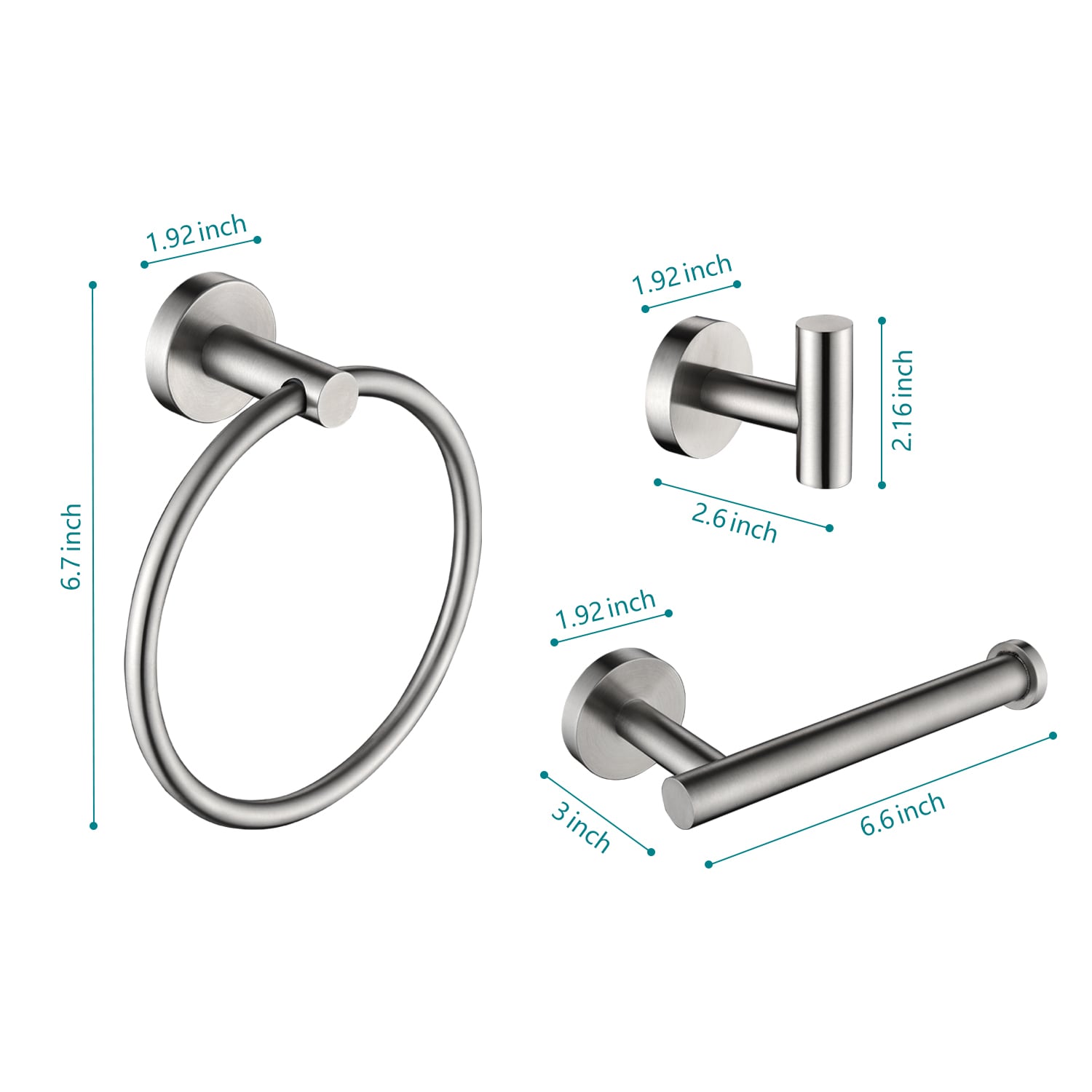 Juego de Accesorios Decorativos para Baño de 3 Piezas en Níquel Cepillado: Portarrollos de papel higiénico, Argolla para toalla y Gancho para bata incluidos Q-917-OTOP