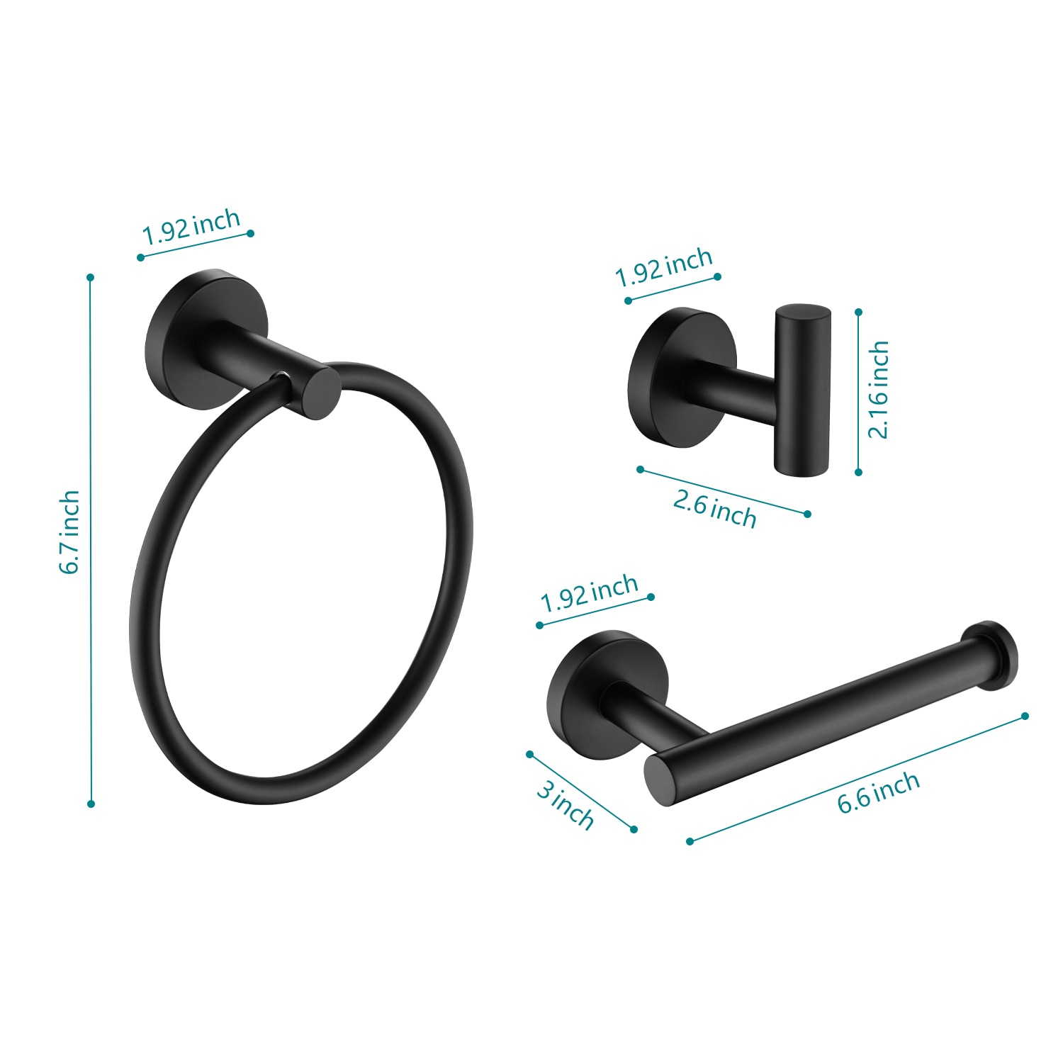 Juego de accesorios de baño decorativos de 3 piezas en negro mate, incluye portarrollos de papel higiénico, argolla para toallas y gancho para batas. ¡Todo lo que necesitas para darle un toque elegante a tu baño!