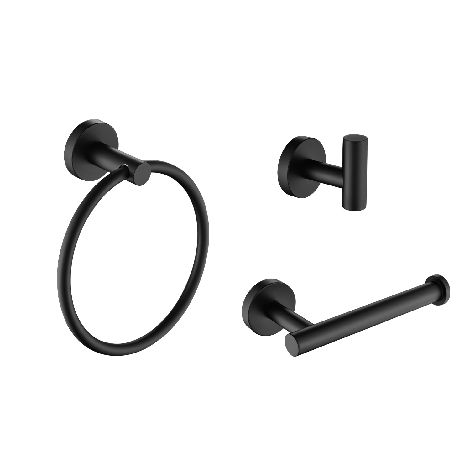 Juego de accesorios de baño decorativos de 3 piezas en negro mate, incluye portarrollos de papel higiénico, argolla para toallas y gancho para batas. ¡Todo lo que necesitas para darle un toque elegante a tu baño!