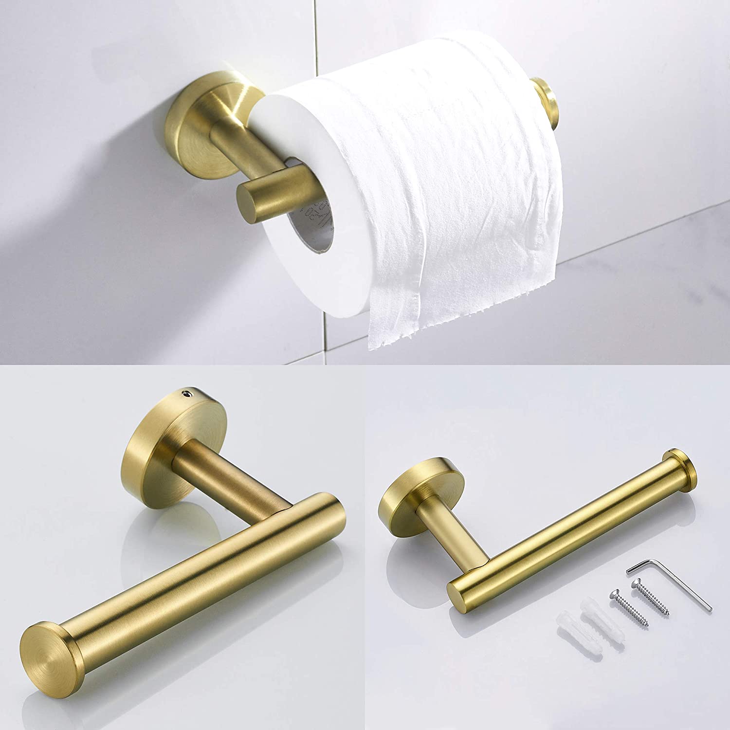 Juego de 3 piezas de herrajes de baño decorativos en color dorado cepillado - Incluye toallero, portarrollos y gancho para batas