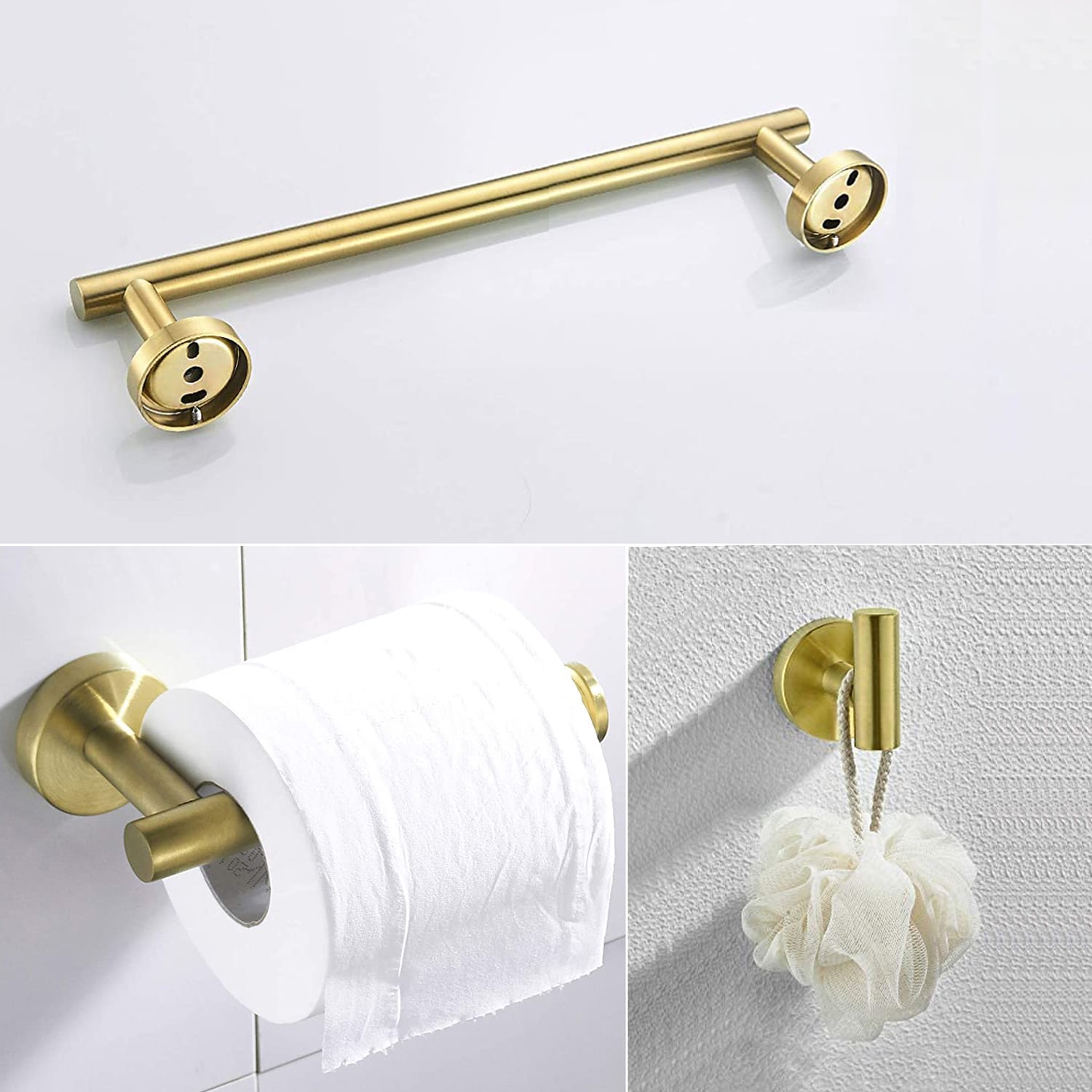 Juego de 3 piezas de herrajes de baño decorativos en color dorado cepillado - Incluye toallero, portarrollos y gancho para batas
