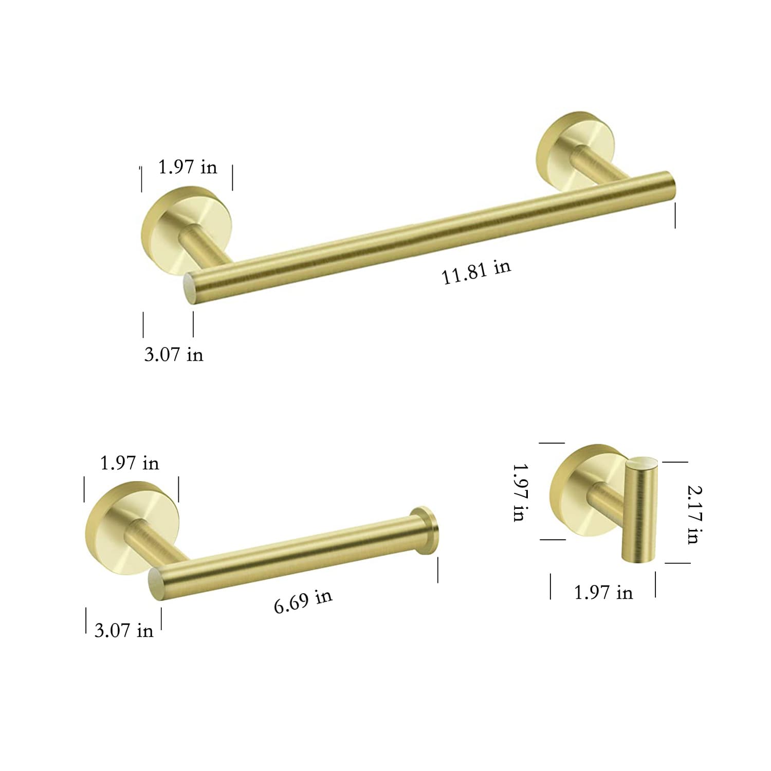 Juego de 3 piezas de herrajes de baño decorativos en color dorado cepillado - Incluye toallero, portarrollos y gancho para batas
