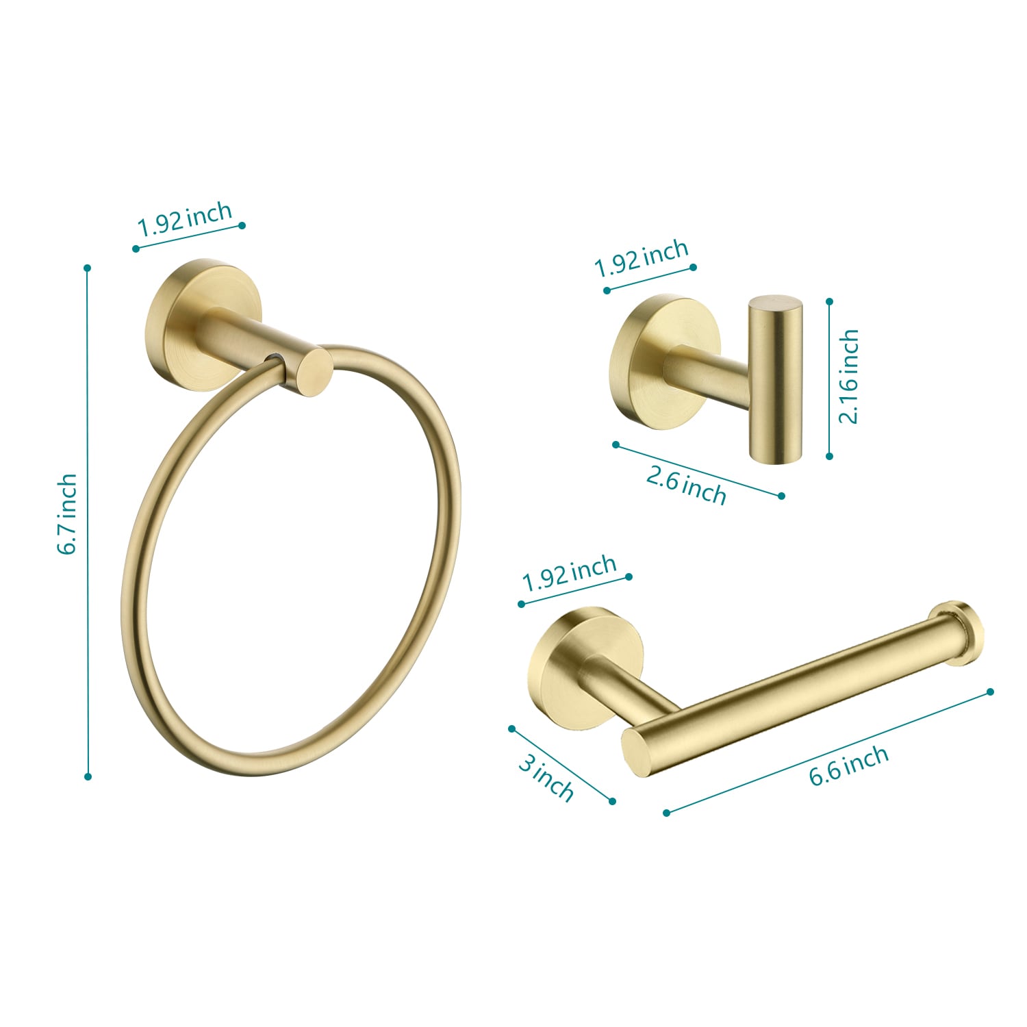 Juego de accesorios de baño decorativos de 3 piezas en tono dorado cepillado: Porta papel higiénico, toallero y percha para batas incluidos.