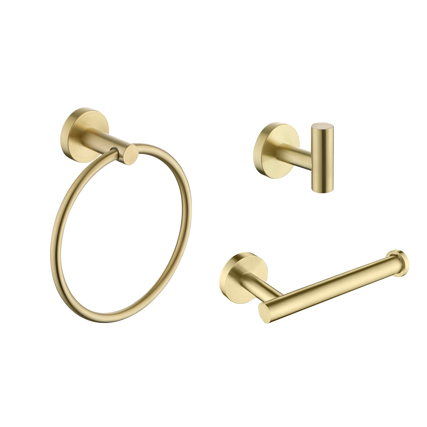 Juego de accesorios de baño decorativos de 3 piezas en tono dorado cepillado: Porta papel higiénico, toallero y percha para batas incluidos.