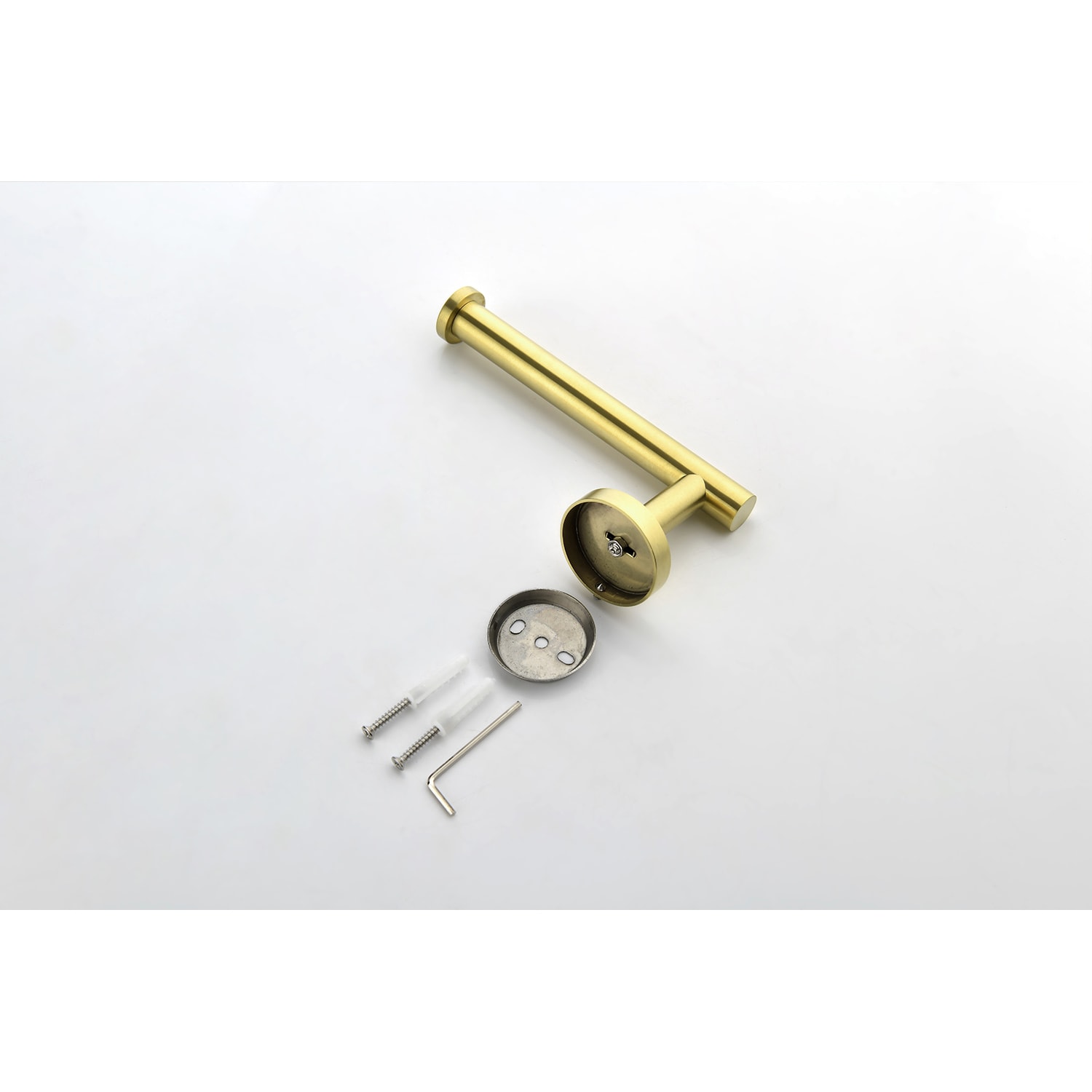 Juego de accesorios de baño decorativos de 3 piezas en tono dorado cepillado: Porta papel higiénico, toallero y percha para batas incluidos.