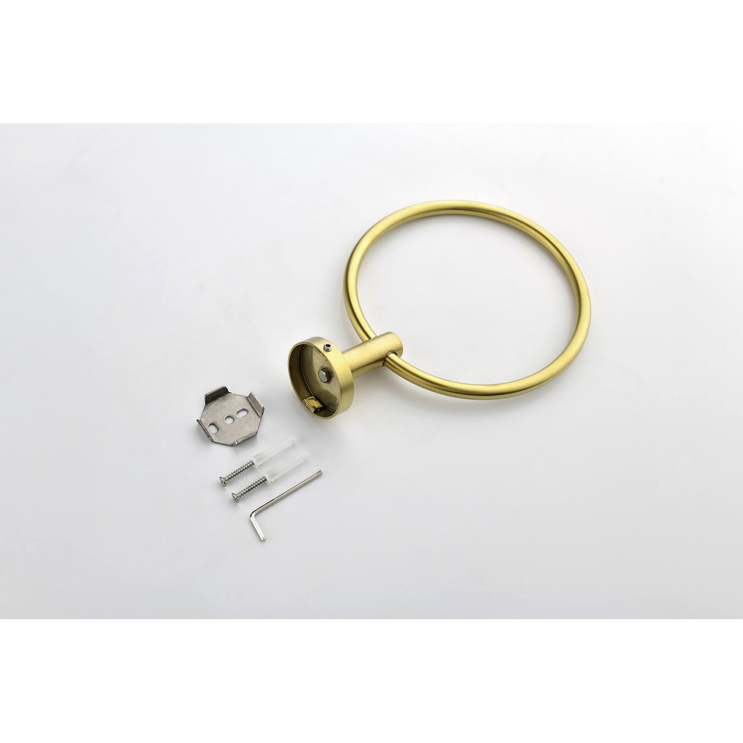 Juego de accesorios de baño decorativos de 3 piezas en tono dorado cepillado: Porta papel higiénico, toallero y percha para batas incluidos.