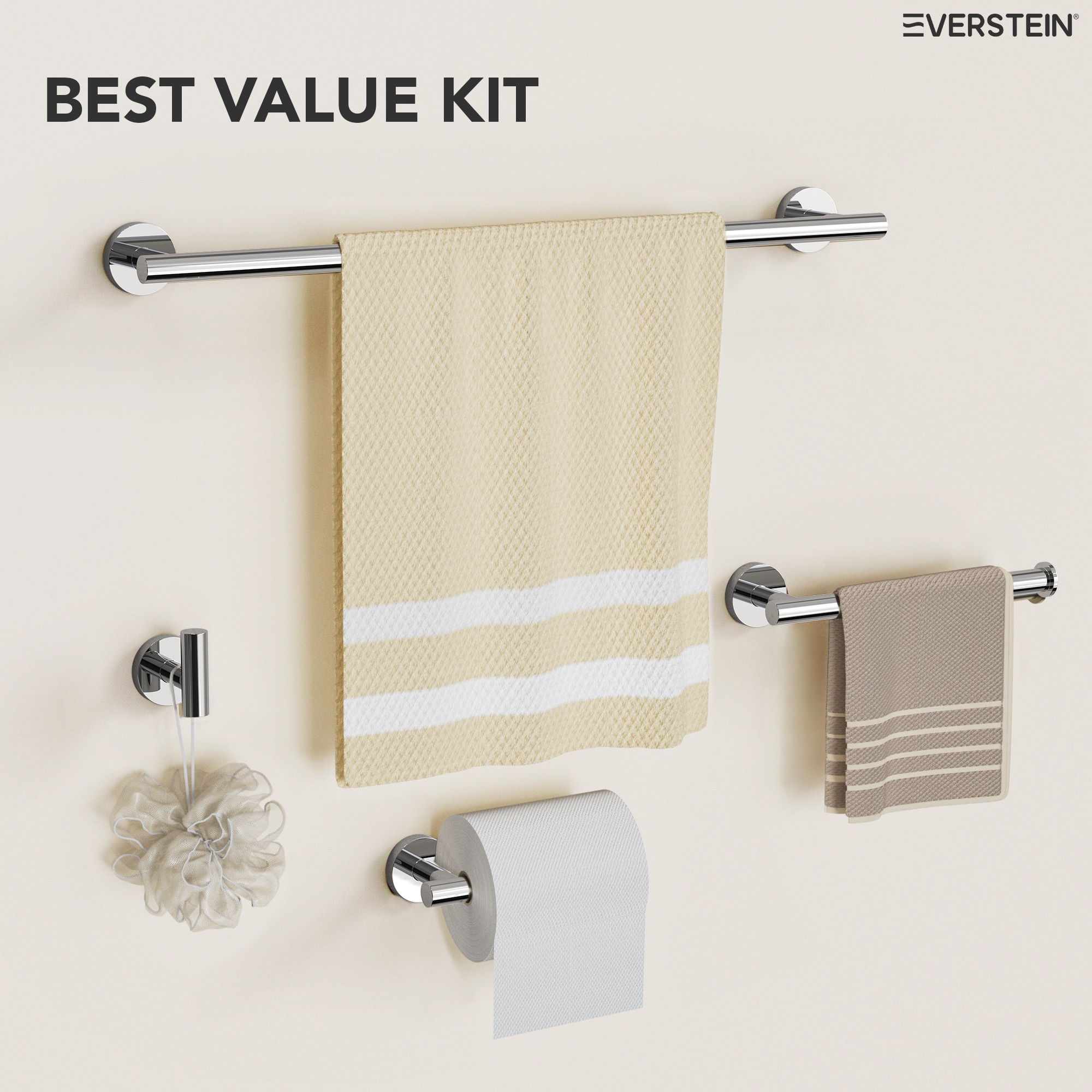 Juego de accesorios de baño decorativos cromados de 4 piezas EVERSTEIN - Incluye barra de toallas, porta papel higiénico y gancho para batas