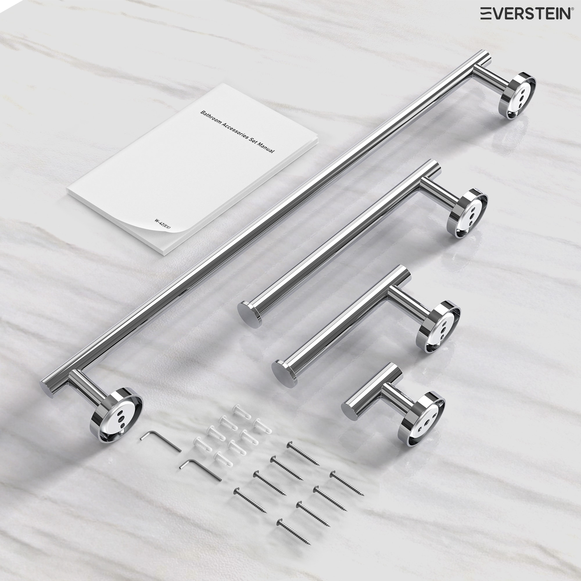 Juego de accesorios de baño decorativos cromados de 4 piezas EVERSTEIN - Incluye barra de toallas, porta papel higiénico y gancho para batas