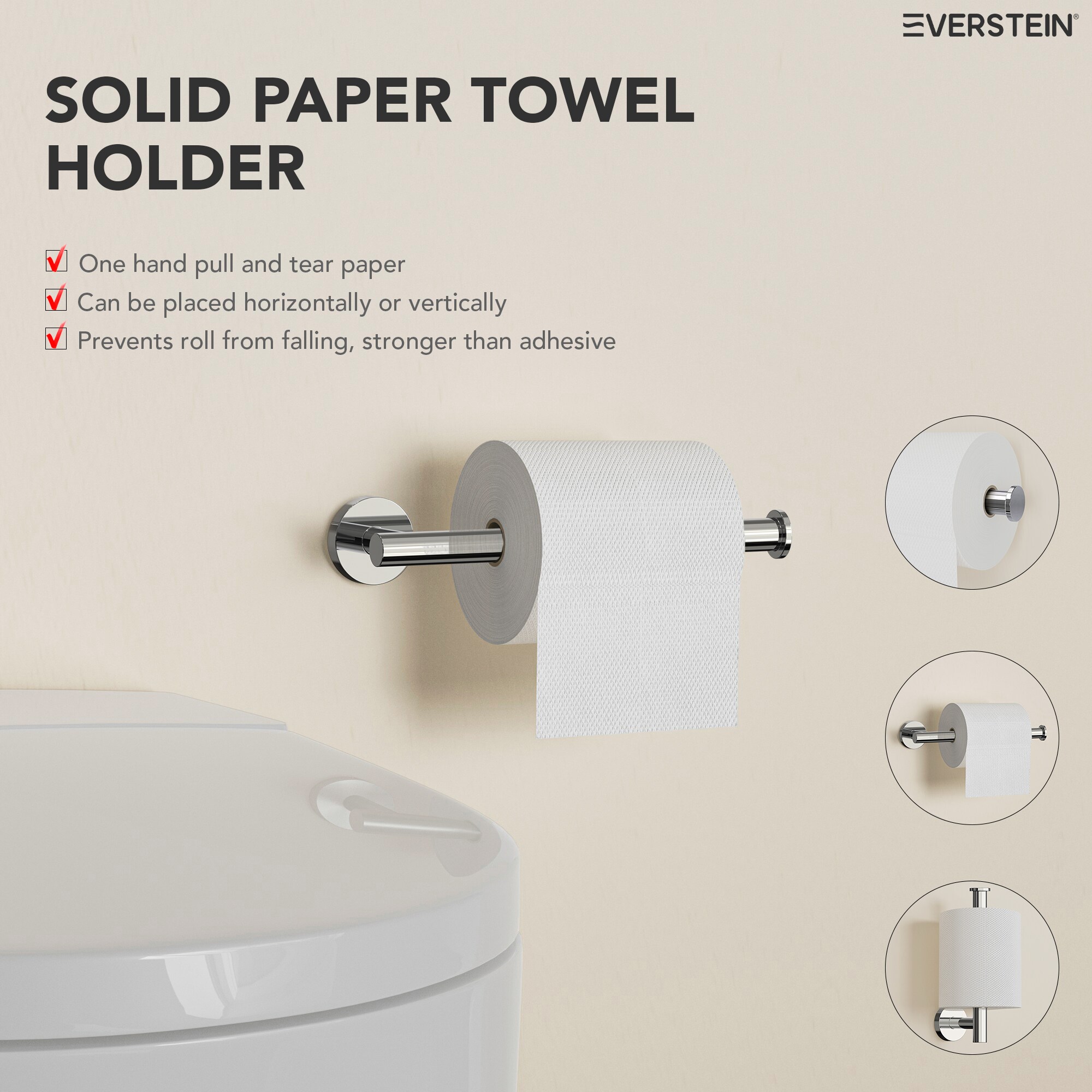 Juego de accesorios de baño decorativos cromados de 4 piezas EVERSTEIN - Incluye barra de toallas, porta papel higiénico y gancho para batas