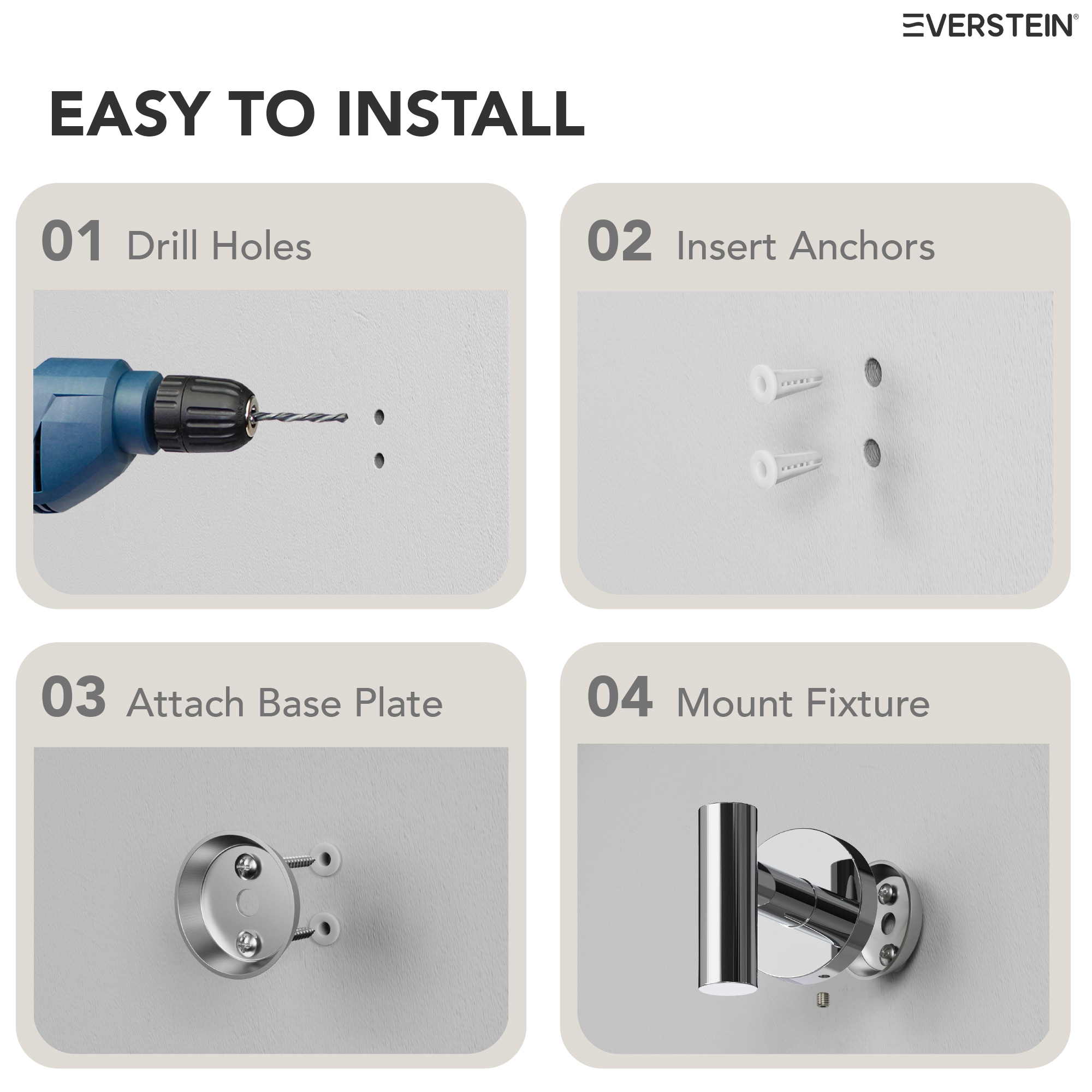 Juego de accesorios de baño decorativos cromados de 4 piezas EVERSTEIN - Incluye barra de toallas, porta papel higiénico y gancho para batas