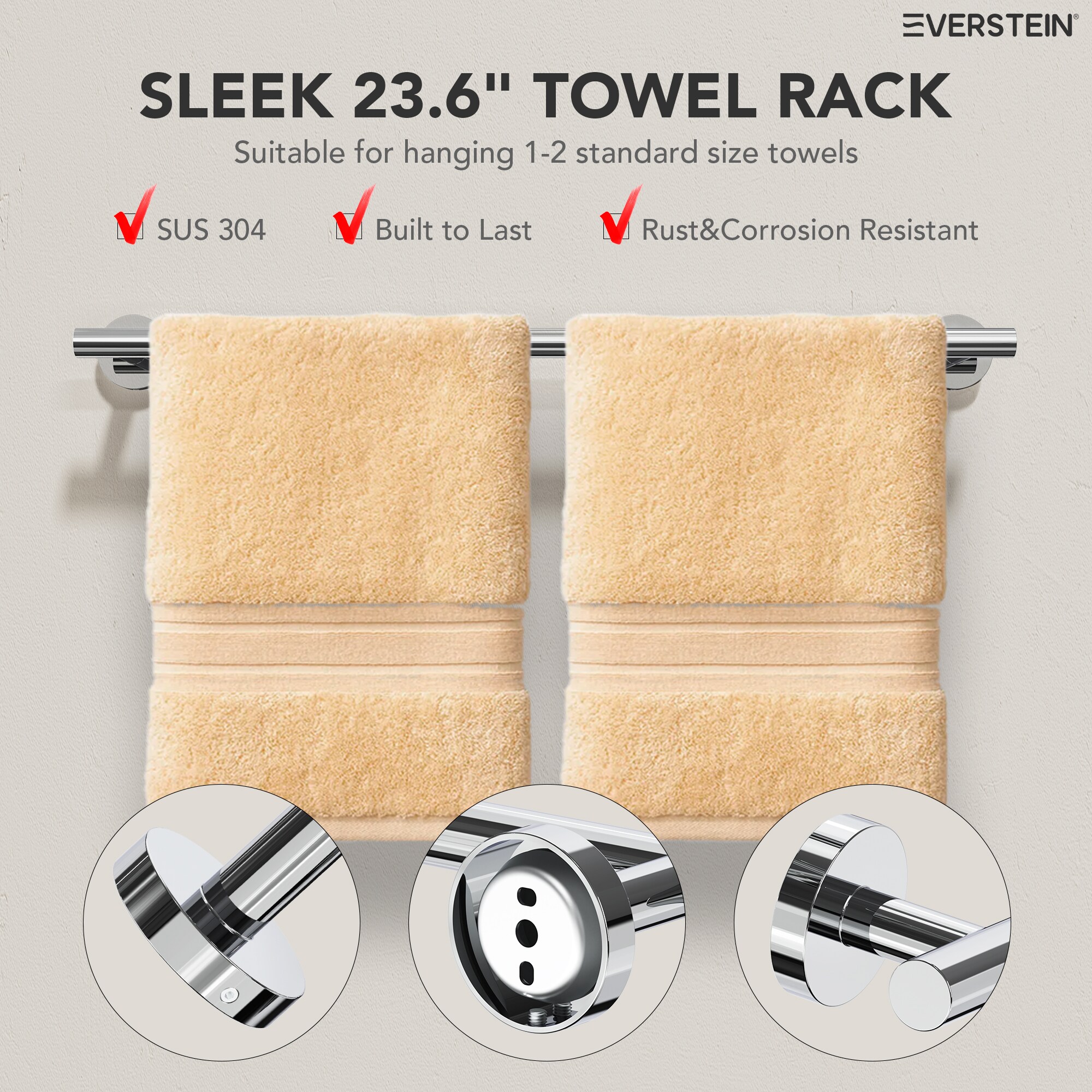Juego de accesorios de baño decorativos cromados de 4 piezas EVERSTEIN - Incluye barra de toallas, porta papel higiénico y gancho para batas