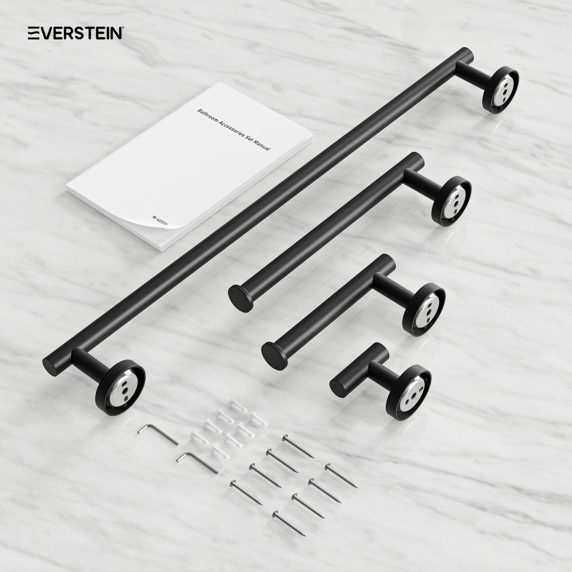 Juego de 4 piezas de herrajes decorativos para baño en negro mate, que incluye barra para toallas, porta papel higiénico y gancho para batas.