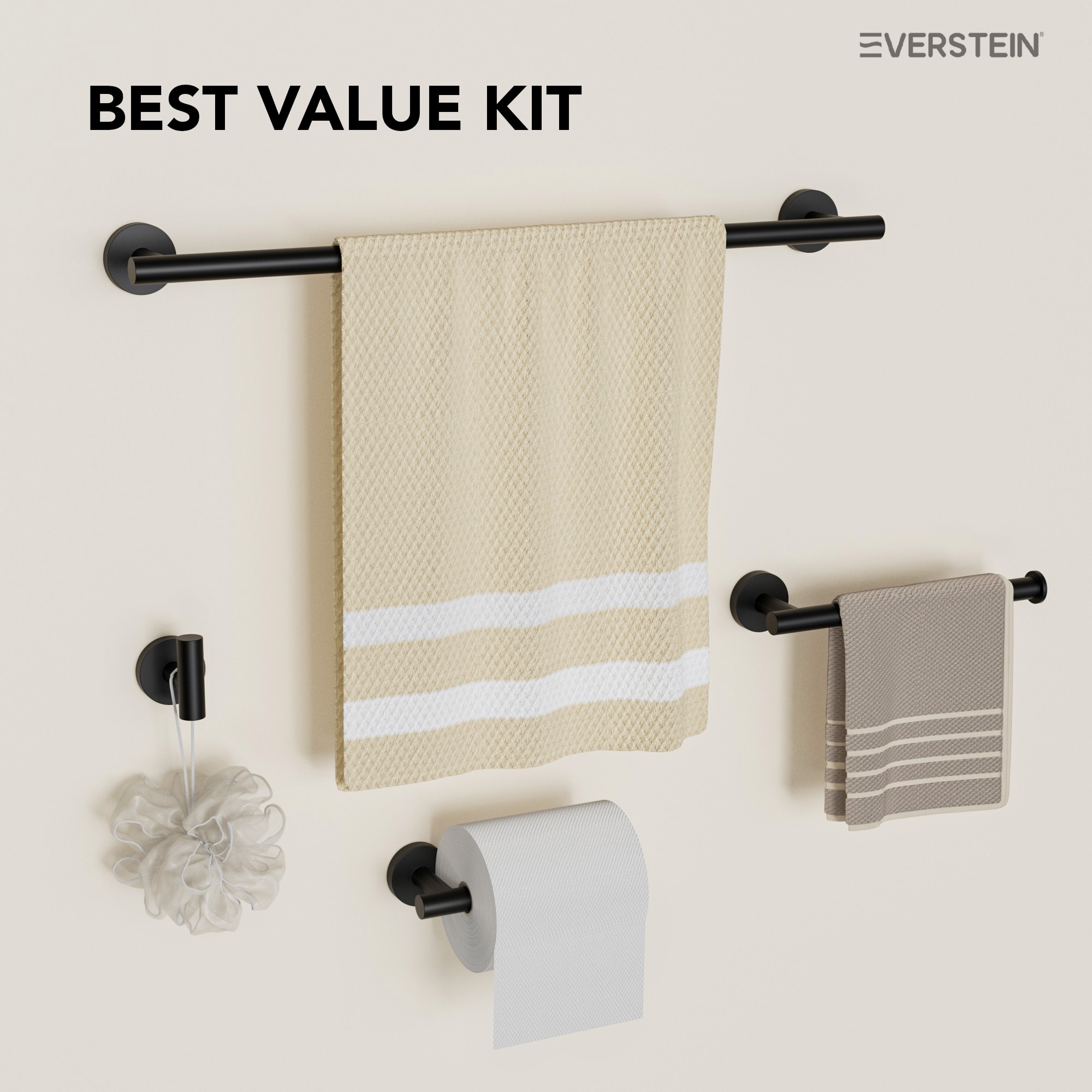 Juego de 4 piezas de herrajes decorativos para baño en negro mate, que incluye barra para toallas, porta papel higiénico y gancho para batas.