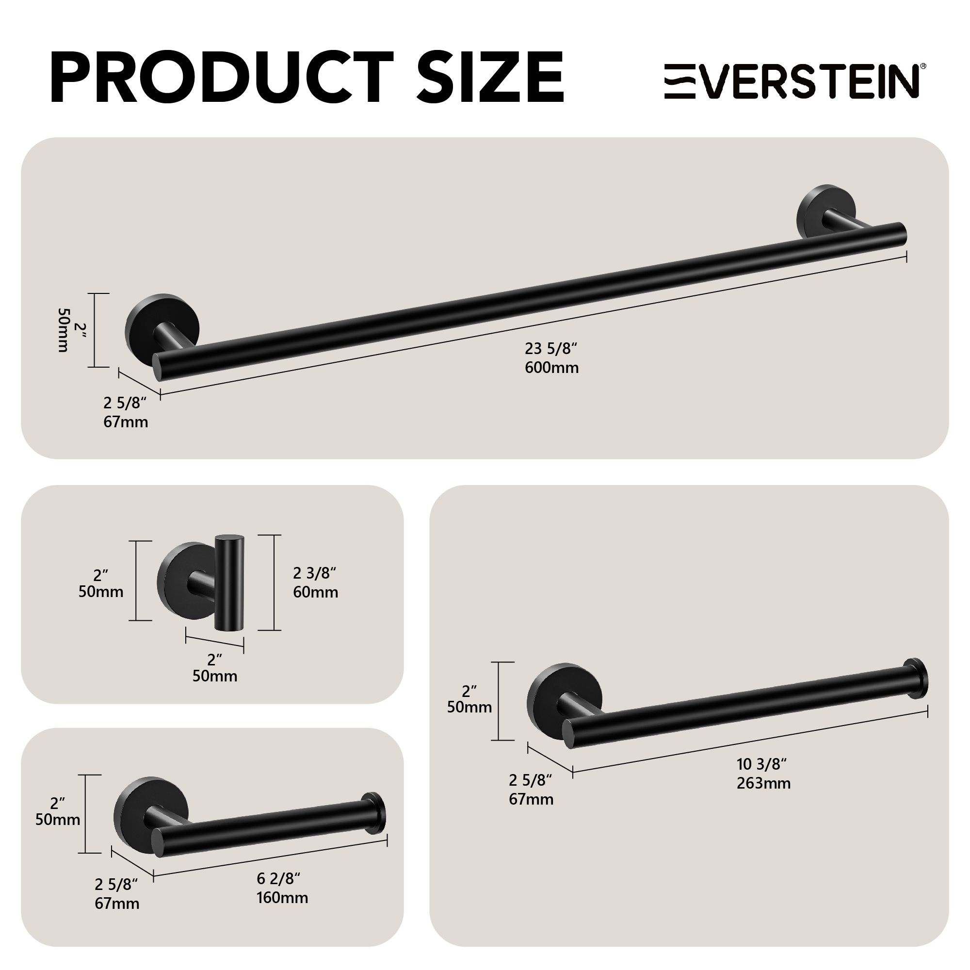 Juego de 4 piezas de herrajes decorativos para baño en negro mate, que incluye barra para toallas, porta papel higiénico y gancho para batas.