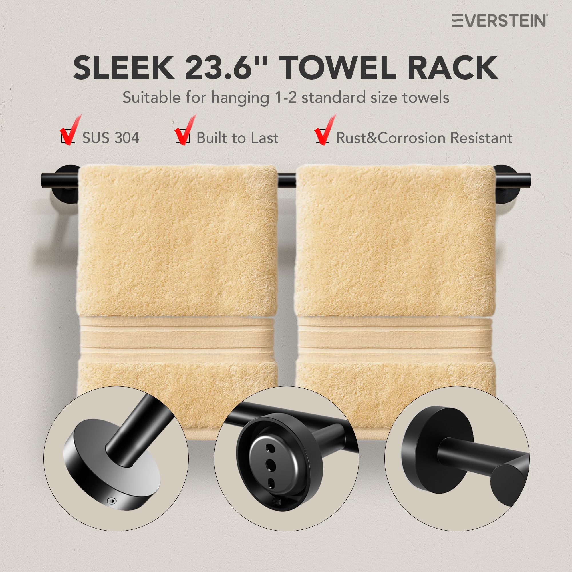 Juego de 4 piezas de herrajes decorativos para baño en negro mate, que incluye barra para toallas, porta papel higiénico y gancho para batas.