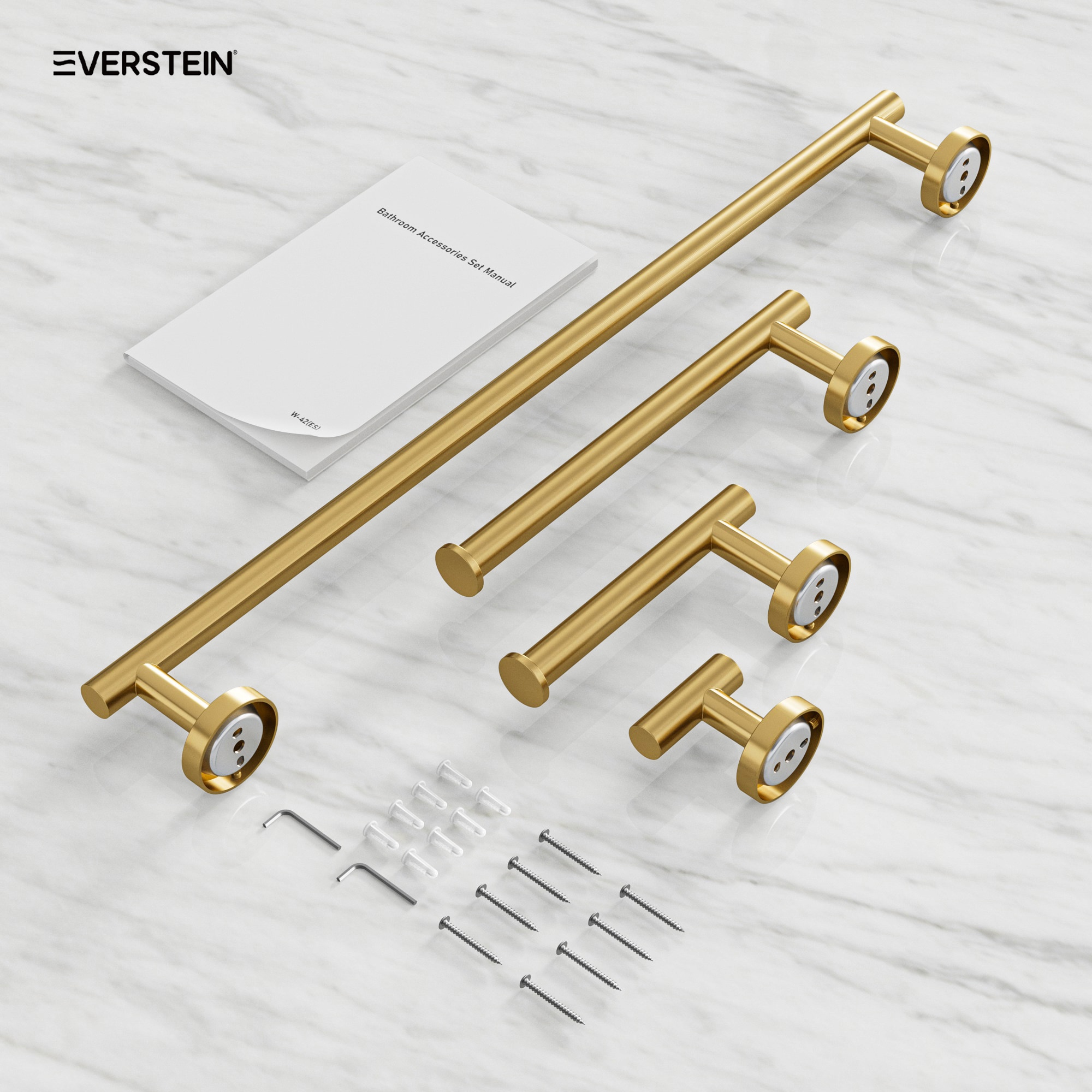Juego de Baño Decorativo de 4 Piezas en Dorado Cepillado EVERSTEIN - Barra de Toallas, Porta Papel Higiénico y Gancho para Batas incluido Q-830-OTOP