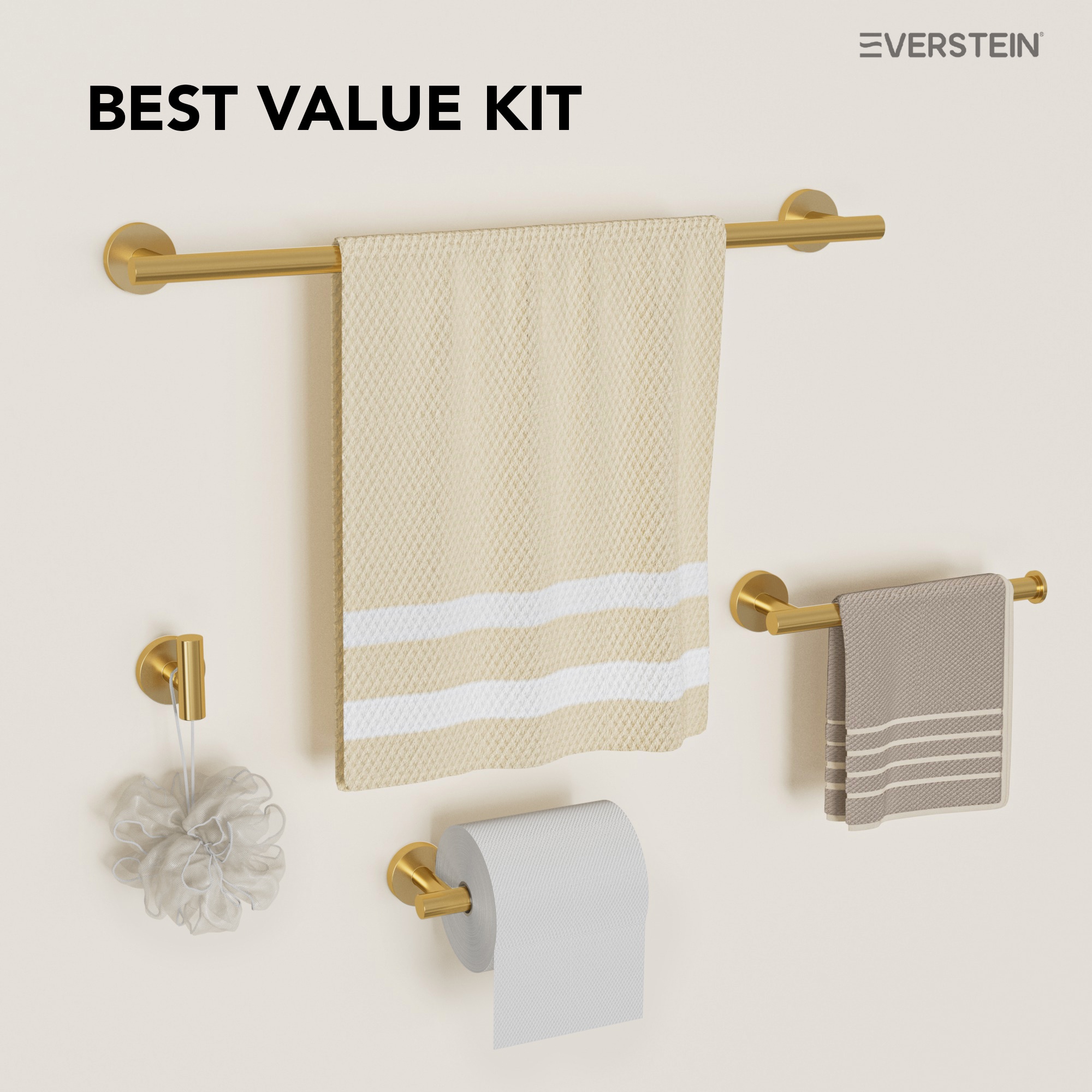 Juego de Baño Decorativo de 4 Piezas en Dorado Cepillado EVERSTEIN - Barra de Toallas, Porta Papel Higiénico y Gancho para Batas incluido Q-830-OTOP