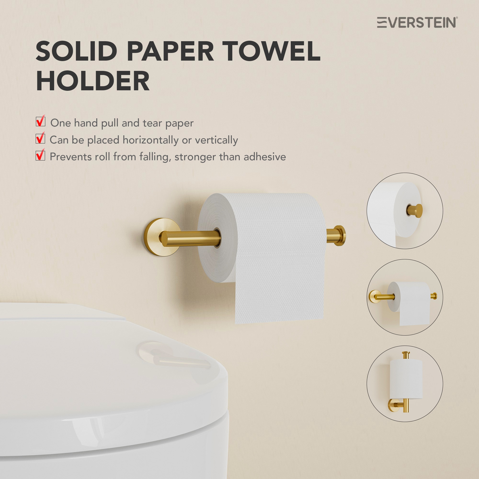 Juego de Baño Decorativo de 4 Piezas en Dorado Cepillado EVERSTEIN - Barra de Toallas, Porta Papel Higiénico y Gancho para Batas incluido Q-830-OTOP