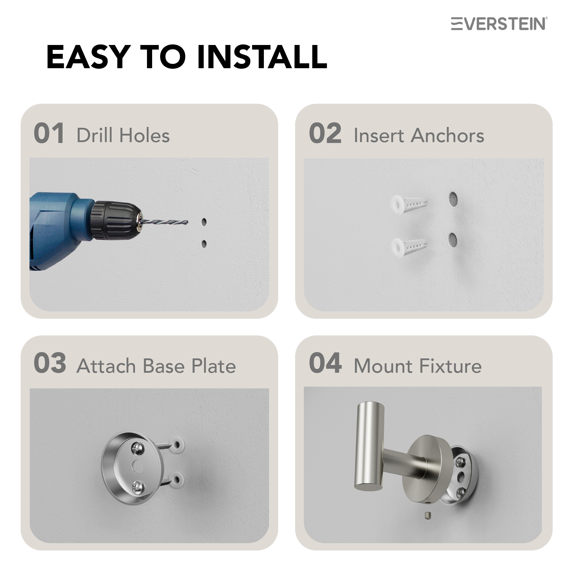 Juego de accesorios de baño decorativos de níquel cepillado de 4 piezas EVERSTEIN: Barra de toalla, porta papel higiénico, gancho para batas incluido Q-836-OTOP