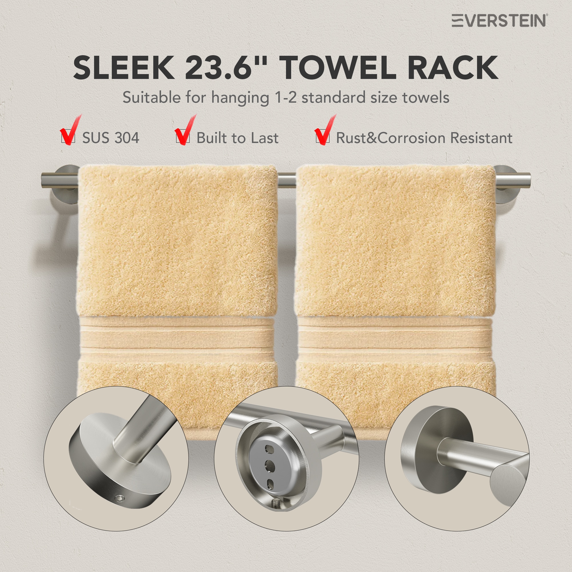 Juego de accesorios de baño decorativos de níquel cepillado de 4 piezas EVERSTEIN: Barra de toalla, porta papel higiénico, gancho para batas incluido Q-836-OTOP