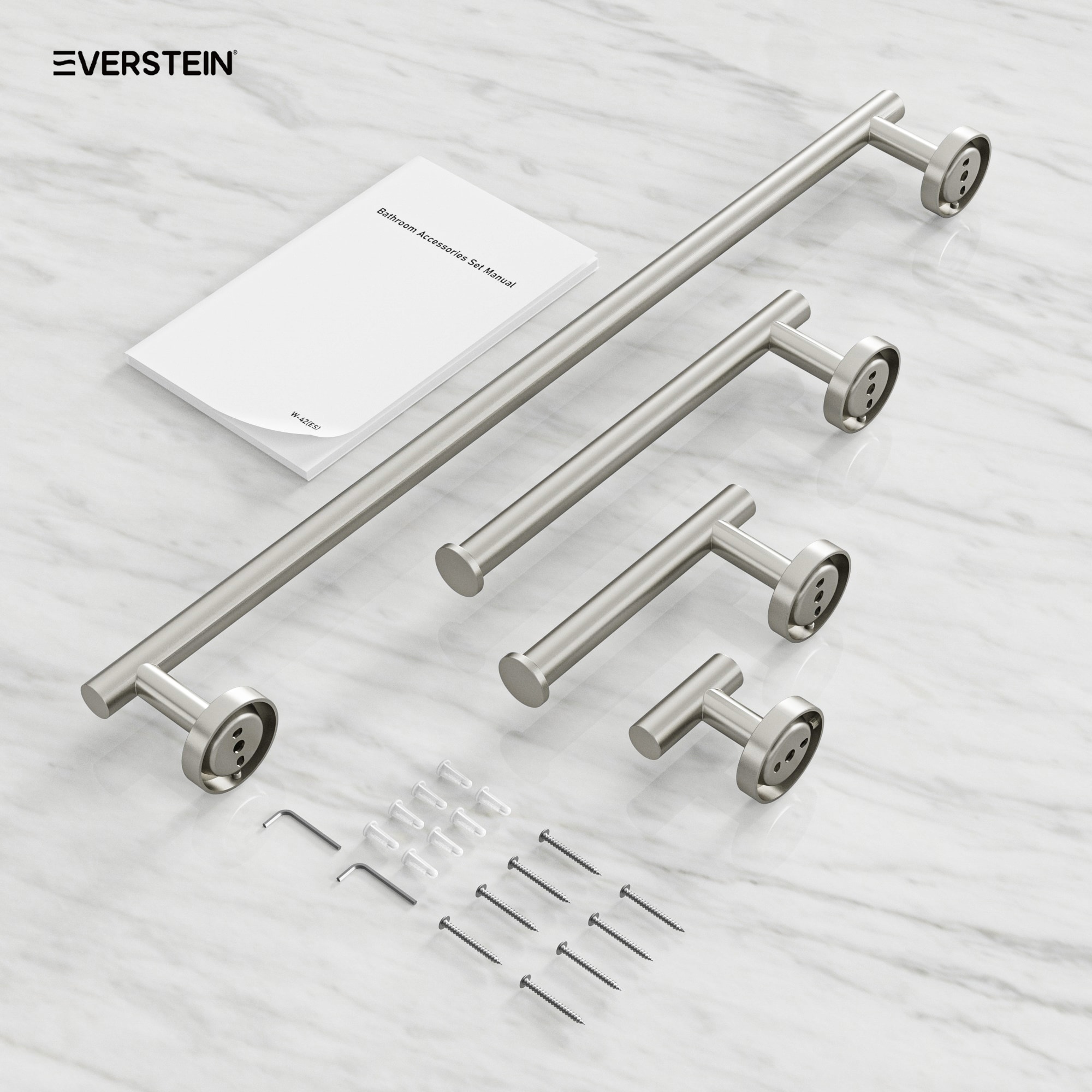 Juego de accesorios de baño decorativos de níquel cepillado de 4 piezas EVERSTEIN: Barra de toalla, porta papel higiénico, gancho para batas incluido Q-836-OTOP