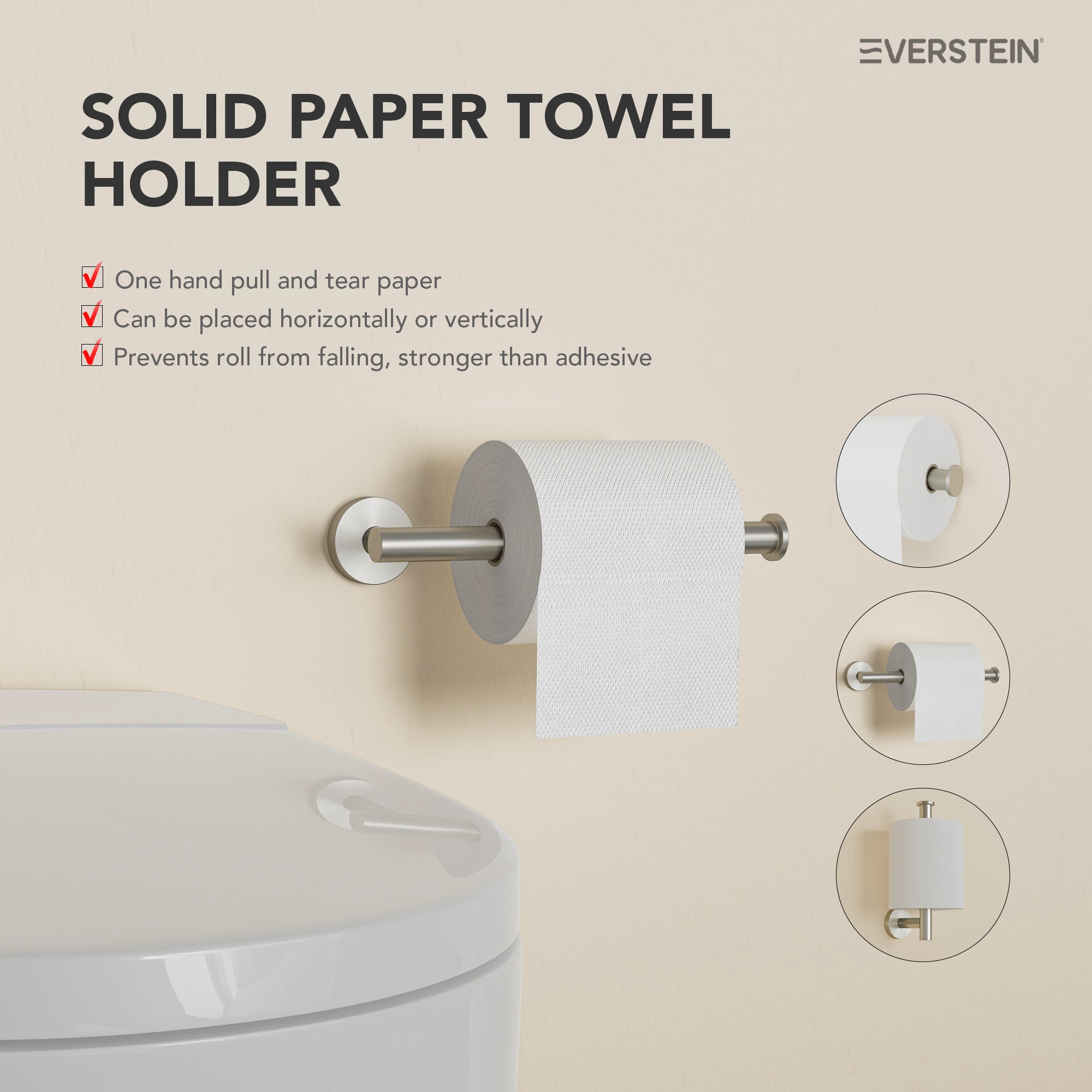 Juego de accesorios de baño decorativos de níquel cepillado de 4 piezas EVERSTEIN: Barra de toalla, porta papel higiénico, gancho para batas incluido Q-836-OTOP