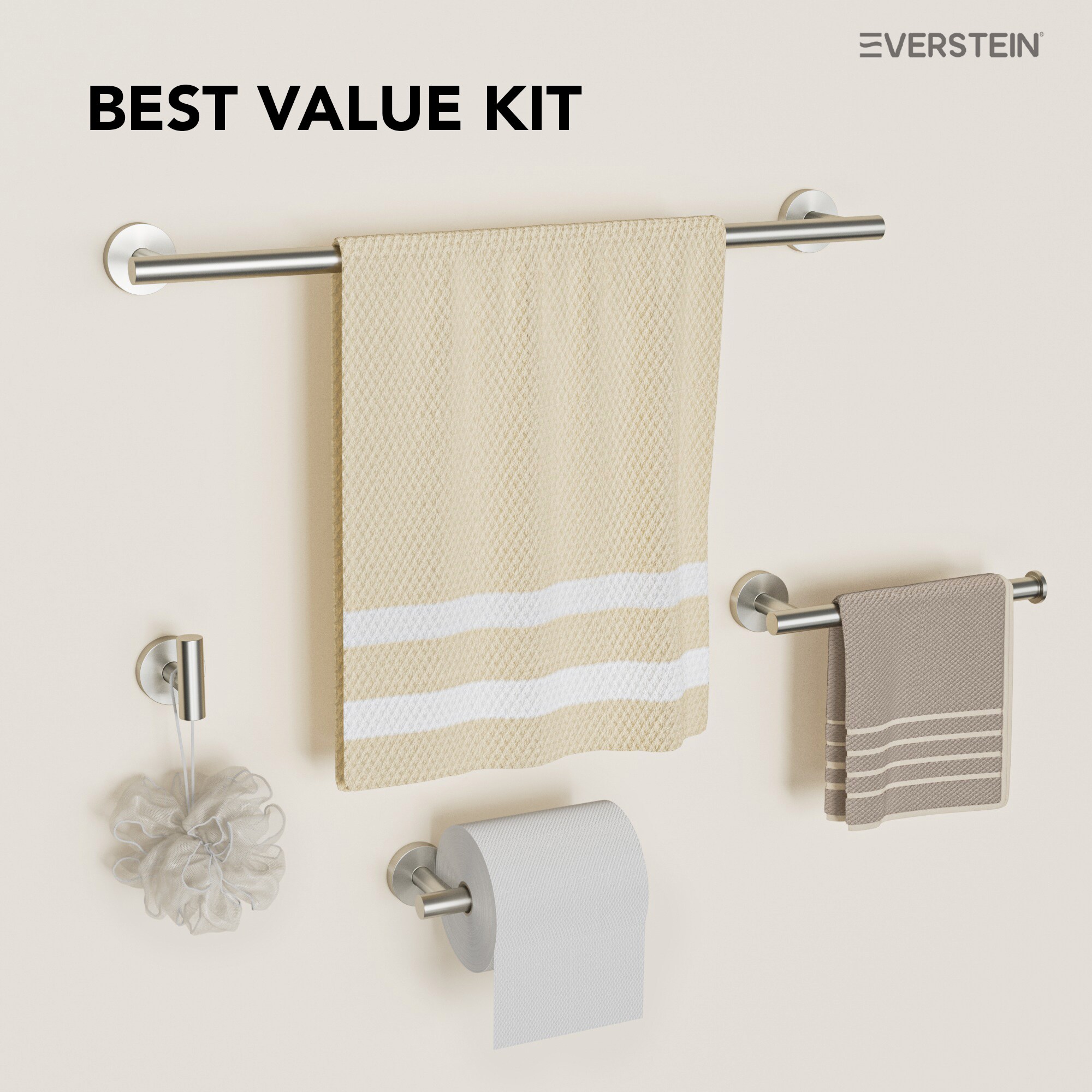 Juego de accesorios de baño decorativos de níquel cepillado de 4 piezas EVERSTEIN: Barra de toalla, porta papel higiénico, gancho para batas incluido Q-836-OTOP