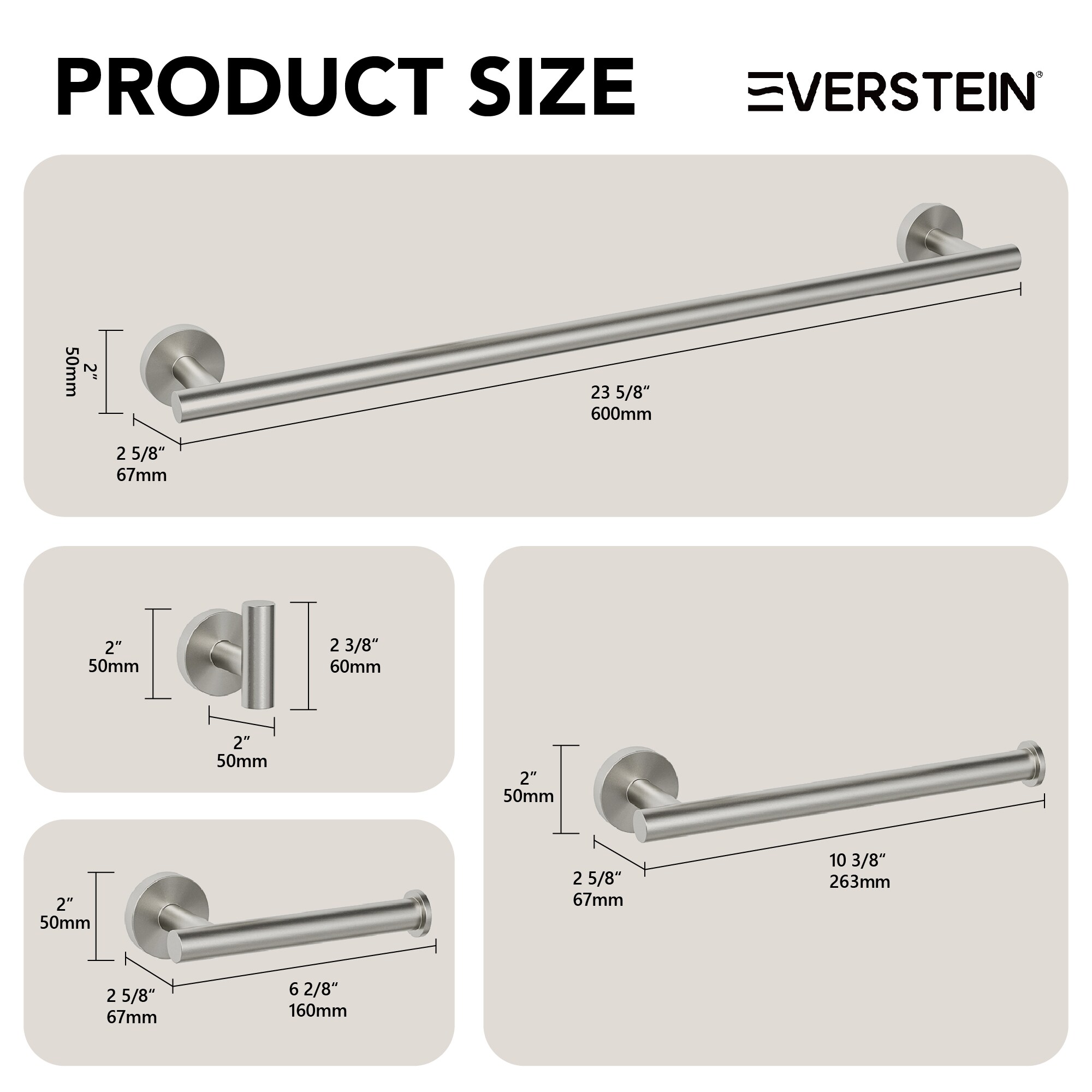 Juego de accesorios de baño decorativos de níquel cepillado de 4 piezas EVERSTEIN: Barra de toalla, porta papel higiénico, gancho para batas incluido Q-836-OTOP