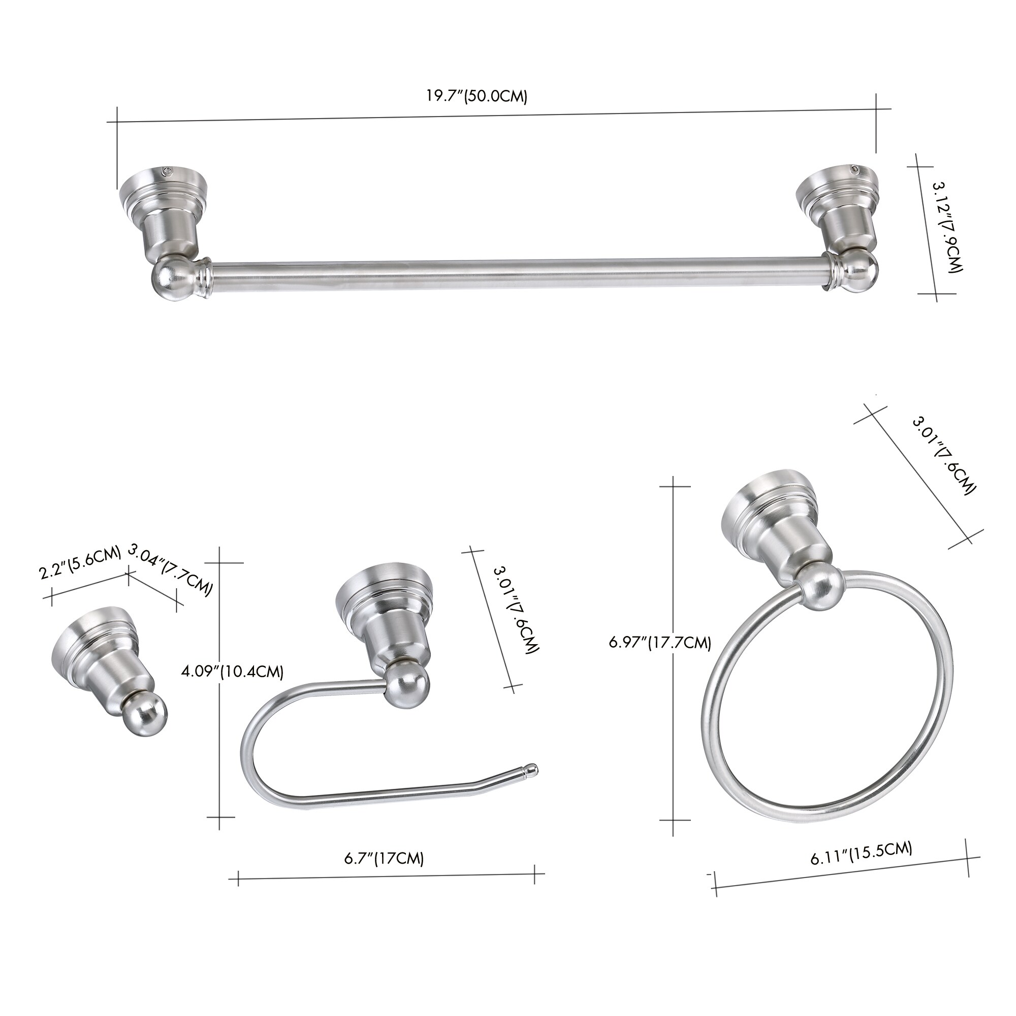Set de accesorios de baño decorativos de níquel de 4 piezas incluye barra de toallas, portarrollos de papel higiénico, anillo de toalla y gancho para batas, de Sir Faucet TOHLAR-031