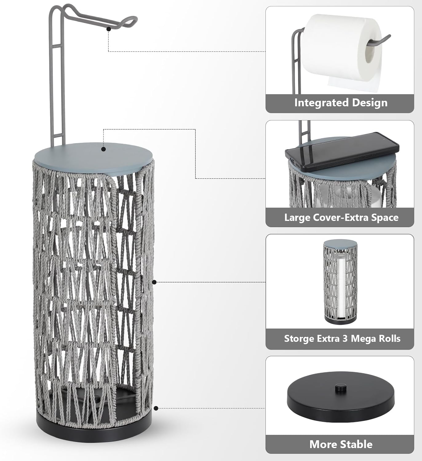 Juego de accesorios decorativos para baño en color gris de Sir Faucet, incluye porta papel higiénico.
