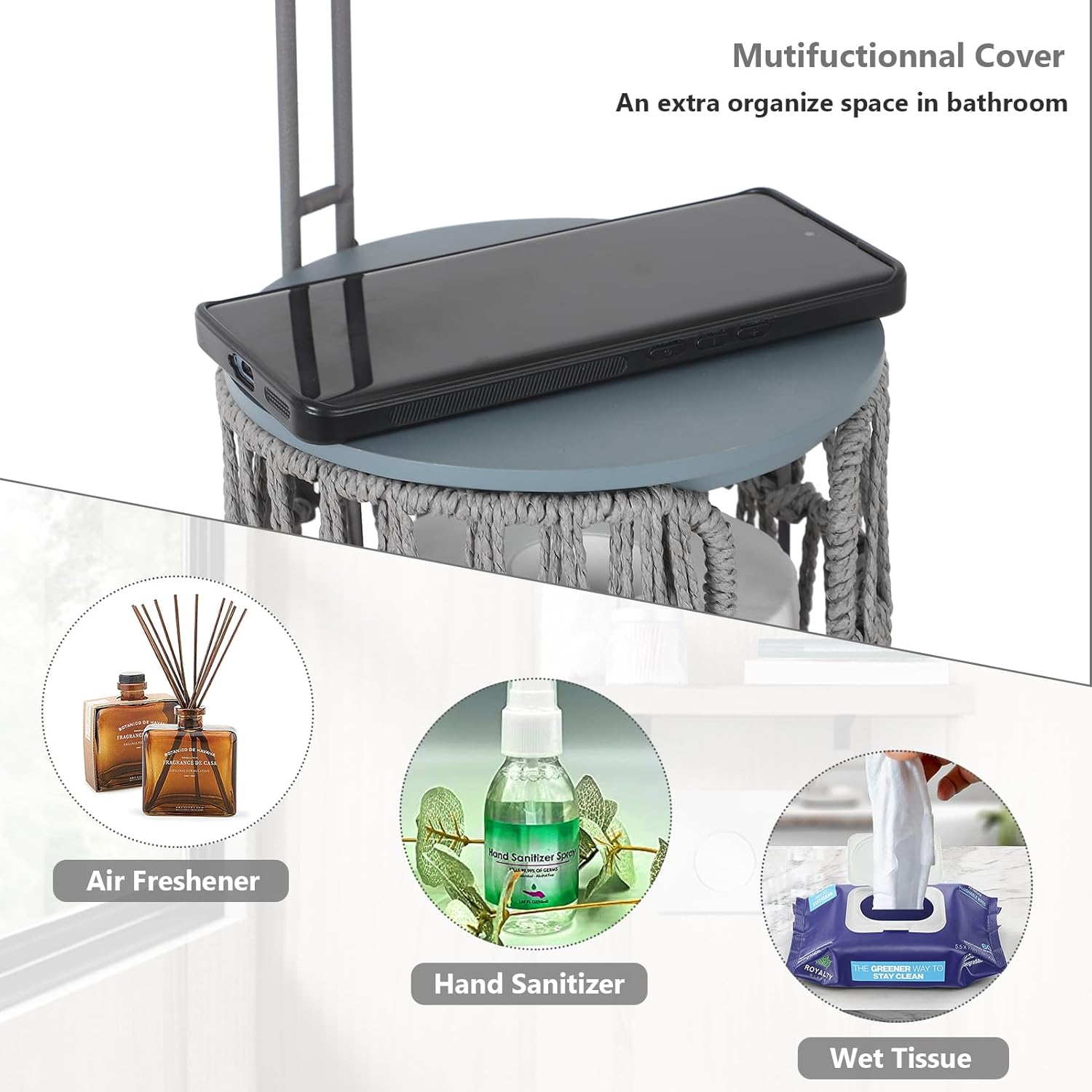 Juego de accesorios decorativos para baño en color gris de Sir Faucet, incluye porta papel higiénico.
