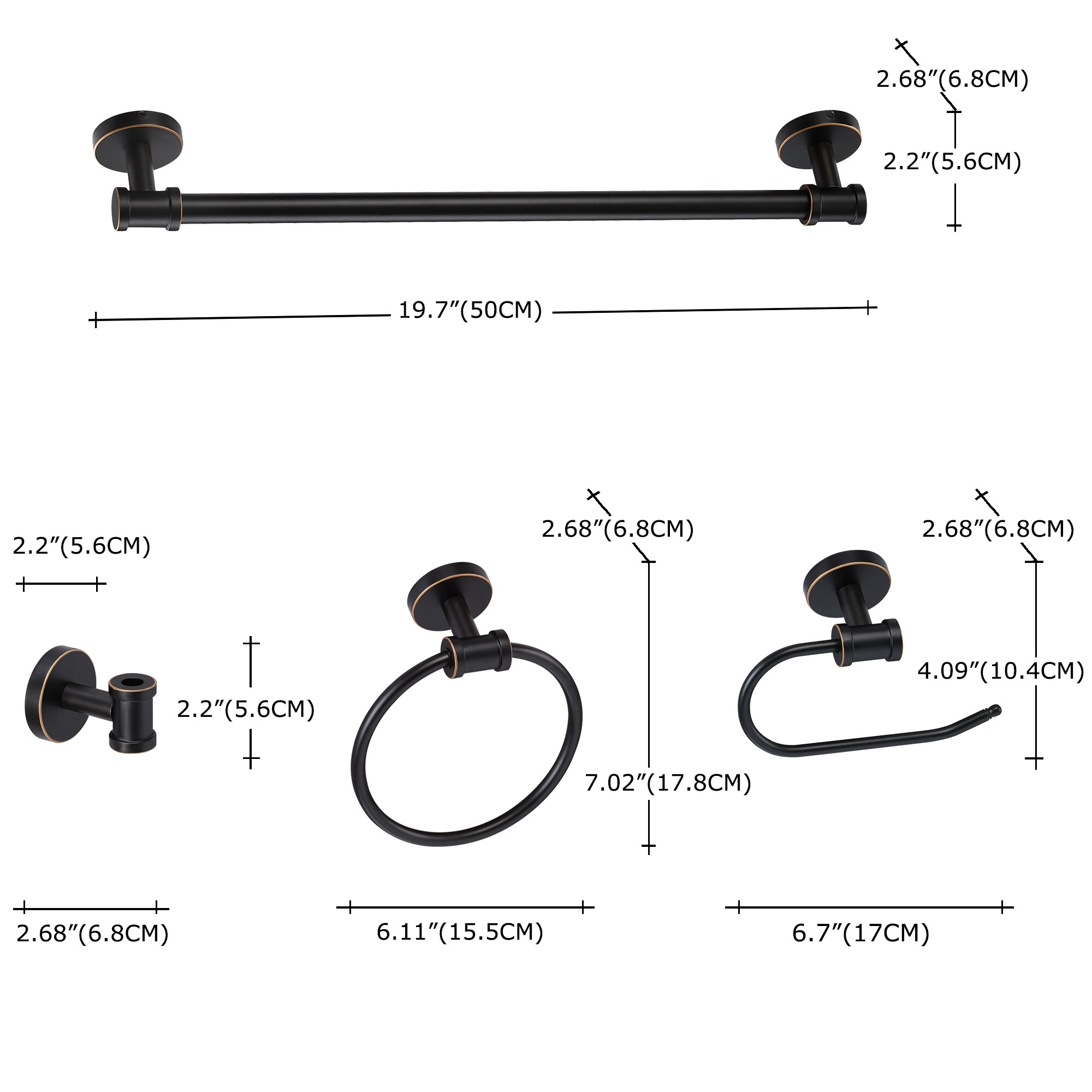 Juego de Accesorios para Baño Decorativos en Negro de 4 Piezas: Barra para Toallas, Anillo para Toallas, Gancho para Batas Incluido.