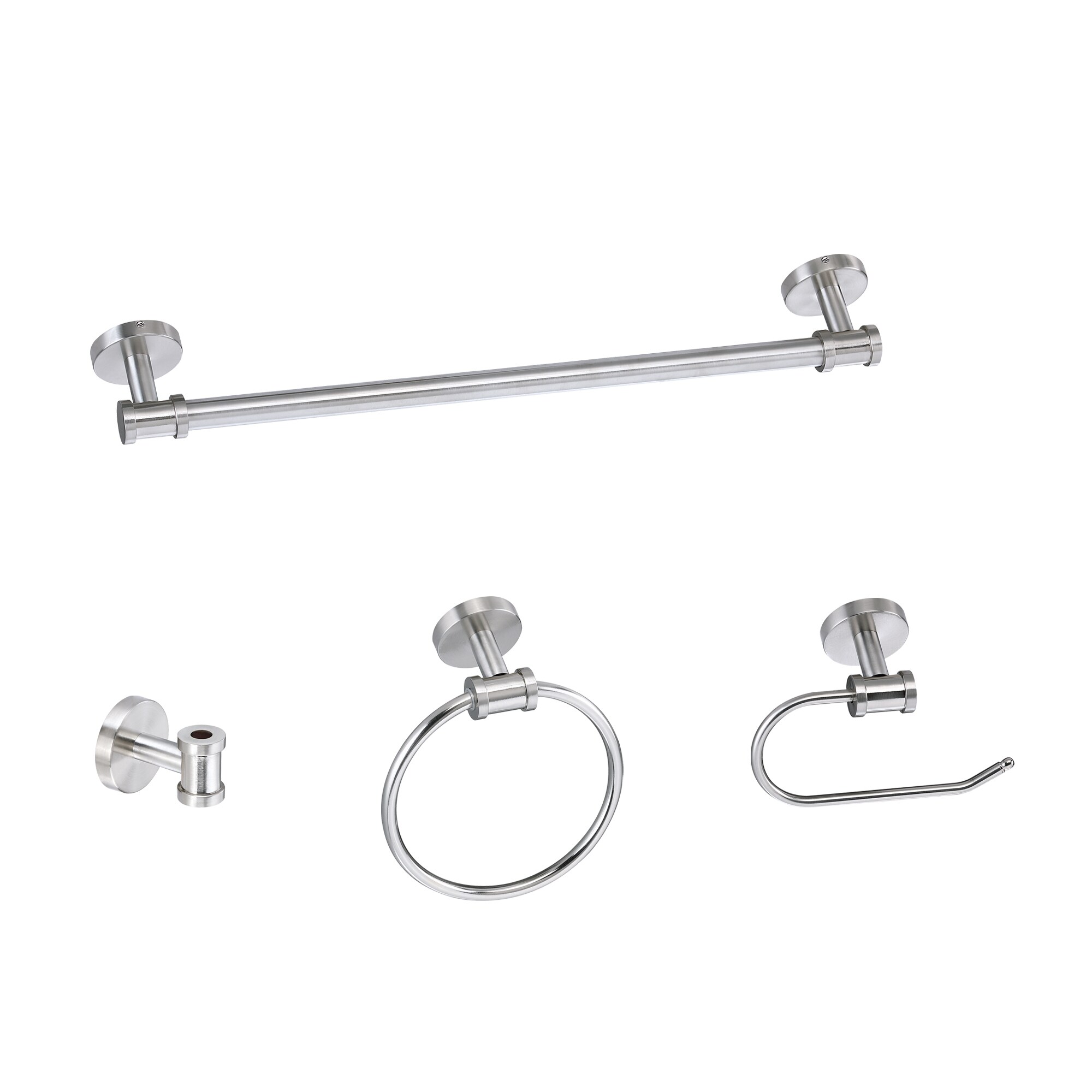 Juego de accesorios decorativos para baño de níquel de 4 piezas Sir Faucet - Barra de toallas, portarrollos, argolla de toalla y gancho para batas incluidos TOHLAR-027