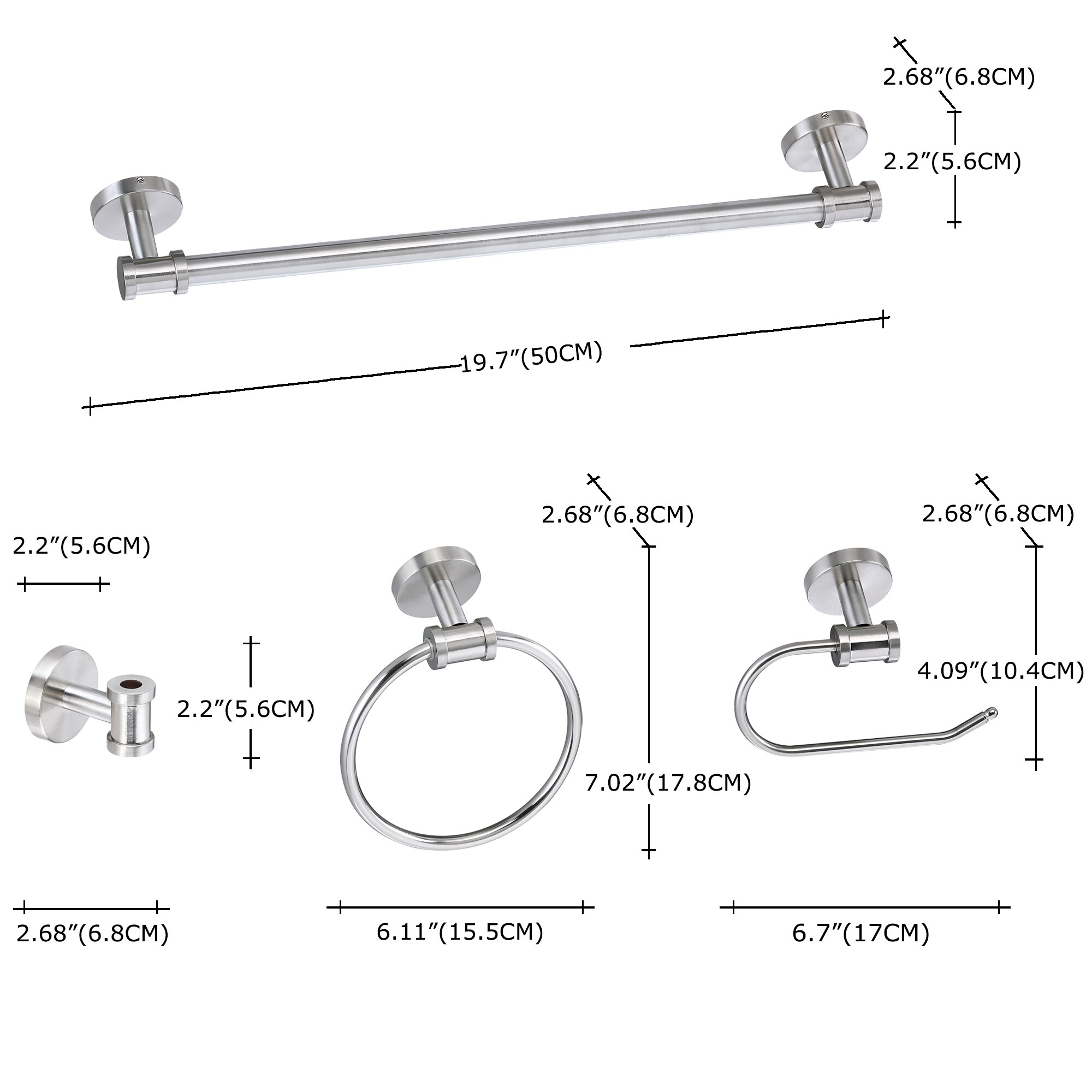 Juego de accesorios decorativos para baño de níquel de 4 piezas Sir Faucet - Barra de toallas, portarrollos, argolla de toalla y gancho para batas incluidos TOHLAR-027