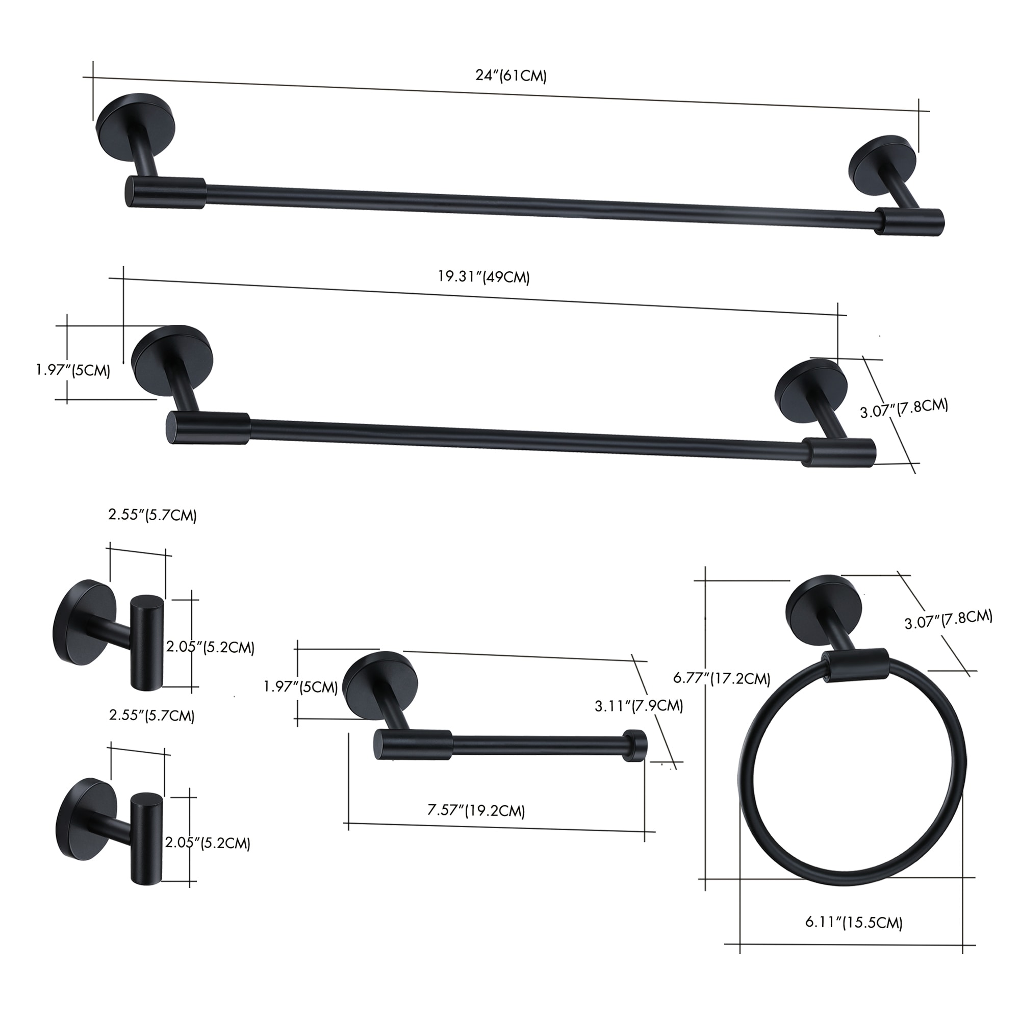 Juego de herrajes para baño decorativos en color negro de 6 piezas, incluye barra para toallas, argolla para toallas y gancho para batas.