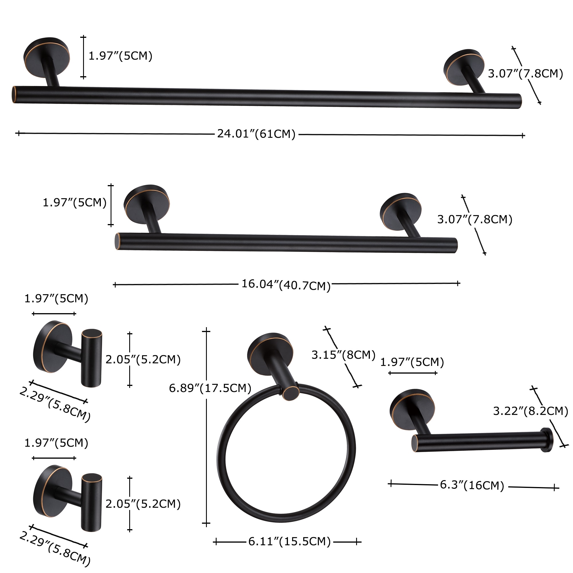 Juego de Accesorios Decorativos para Baño de 6 piezas en color negro, incluye toallero, porta papel higiénico, gancho para batas, y anillo para toallas TOHLAR-032