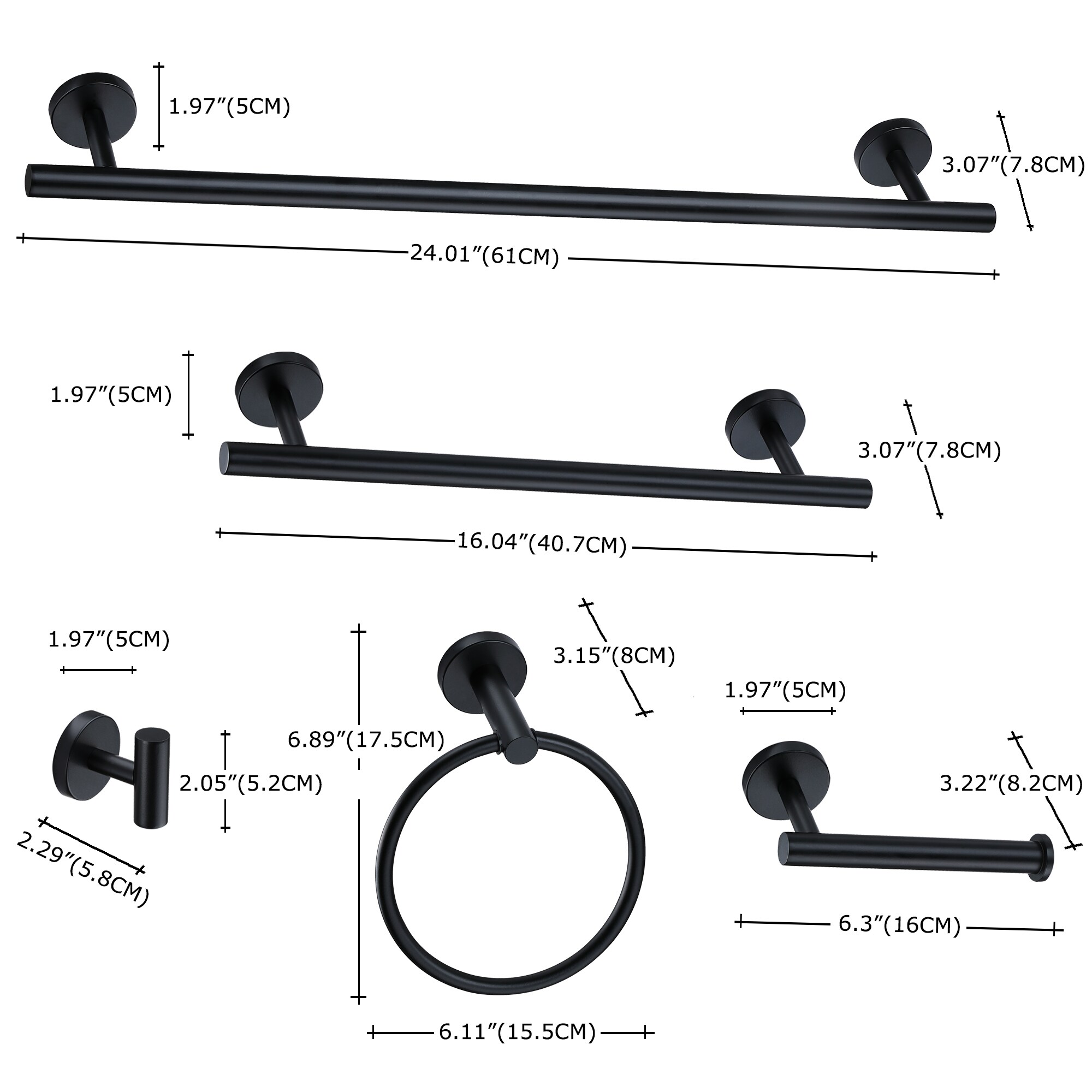 Juego de Accesorios para Baño Decorativos de 6 Piezas en Color NEGRO - Barra de Toalla, Argolla de Toalla, Gancho para Bata Incluidos TOHLAR-008