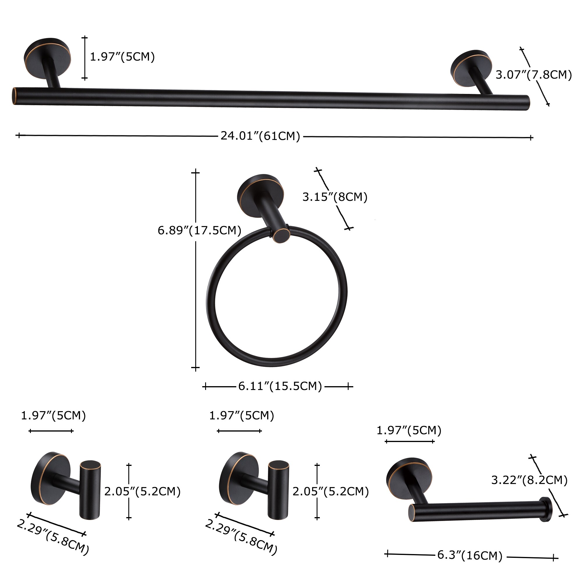 Juego de Accesorios para Baño en Negro, Incluye Barra para Toallas, Anillo para Toallas y Gancho para Batas (TOHLAR-025) de 5 Piezas