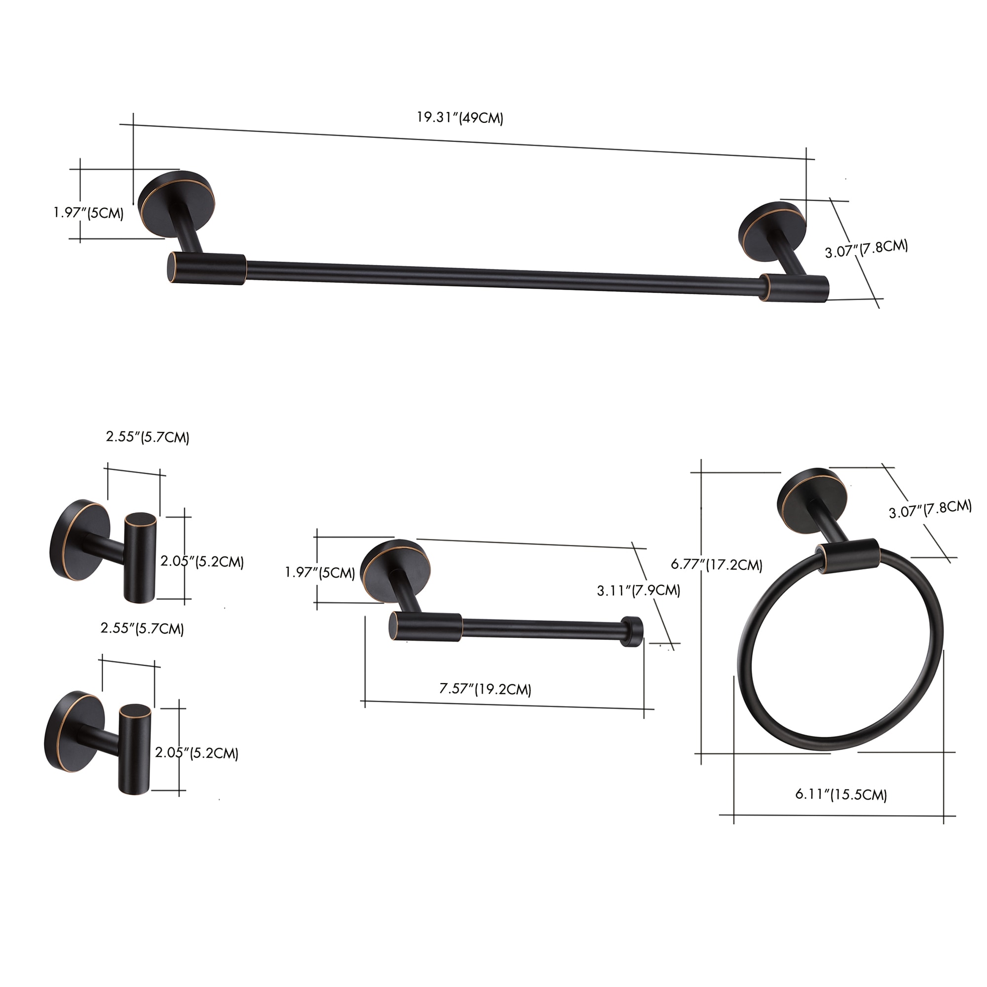 Juego de accesorios de baño decorativos en color NEGRO de 5 piezas: barra para toallas, argolla para toallas y gancho para batas incluidos.