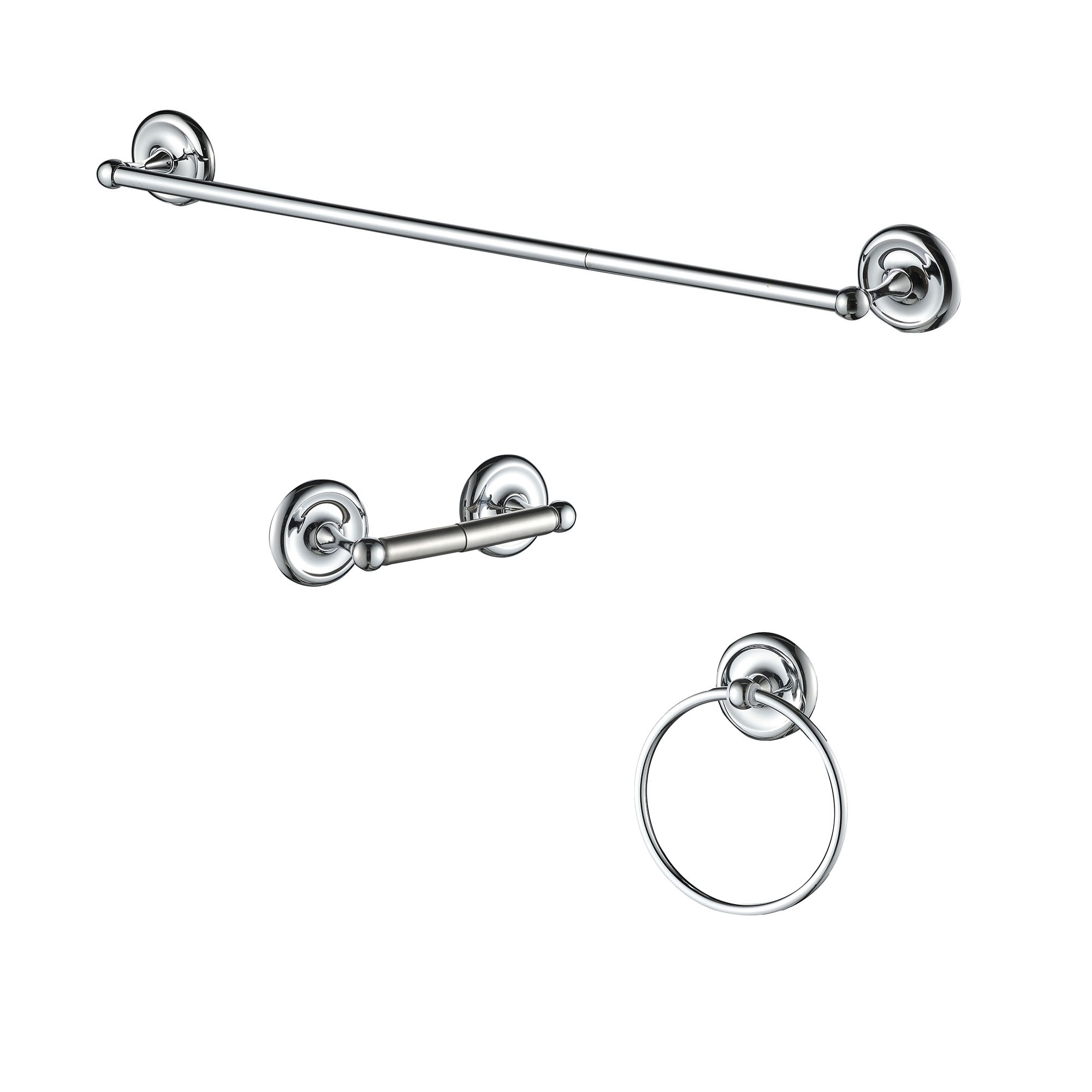 Juego de Accesorios de Baño Decorativos en Cromo Androme: Barra de Toallas, Porta Papel Higiénico y Argolla para Toalla incluidos AD191M1CH3