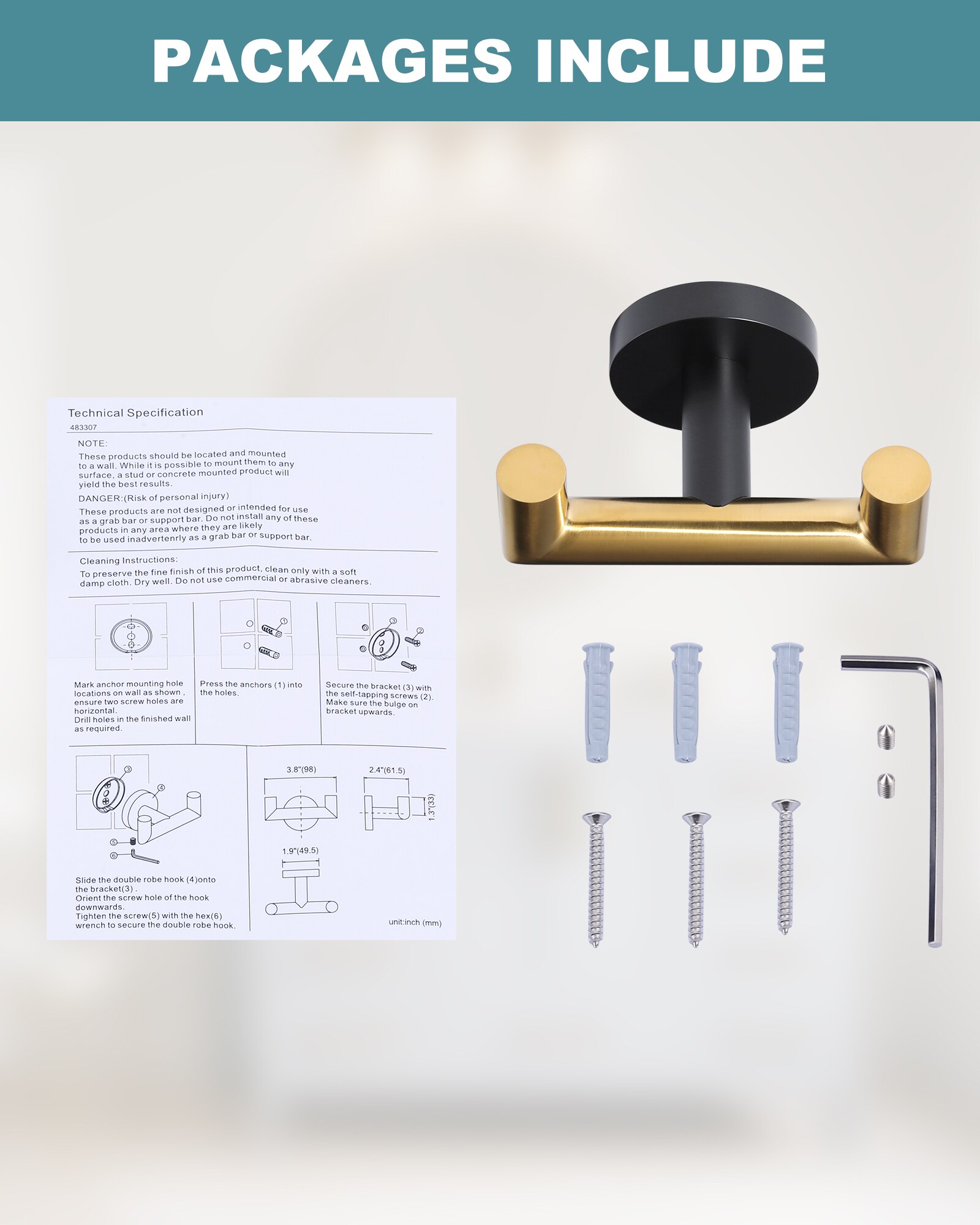 Percha de pared para toallas WOWOW Negra y Dorada de un solo gancho