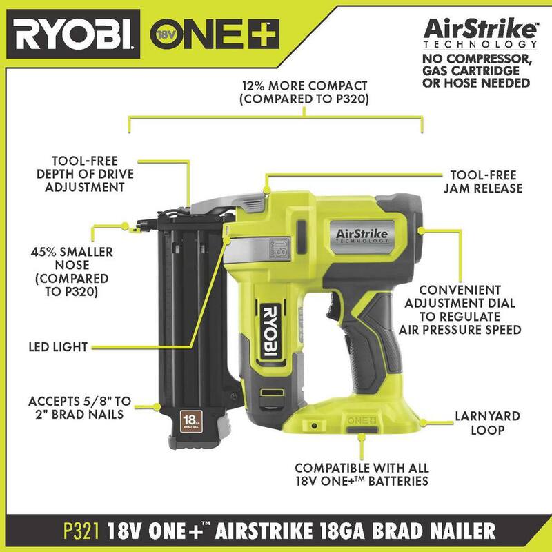 RYOBI ONE+ 18V 18-Gauge Clavadora de Brad AirStrike inalámbrica Kit con batería de 2.0 Ah y cargador - P321K2