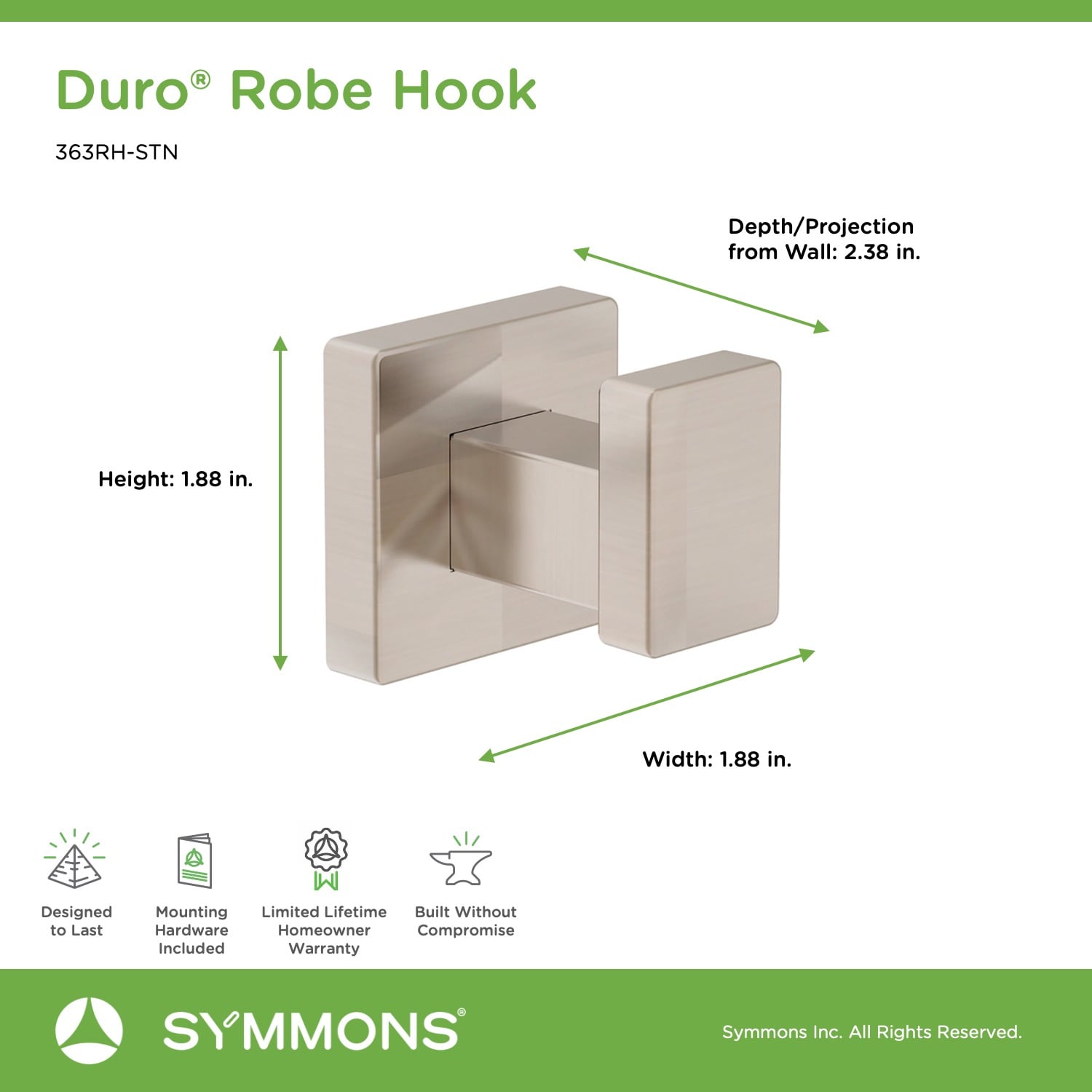Percha de Toalla de Montaje en Pared de Níquel Satinado Symmons Duro Single-Hook 363RH-STN