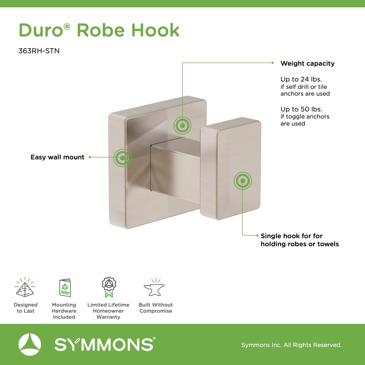 Percha de Toalla de Montaje en Pared de Níquel Satinado Symmons Duro Single-Hook 363RH-STN