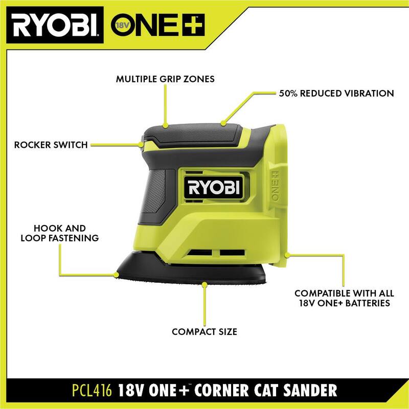 RYOBI ONE+ 18V Clavadora inalámbrica AirStrike de calibre 18 con Lijadora inalámbrica Corner Cat - P321-PCL416B