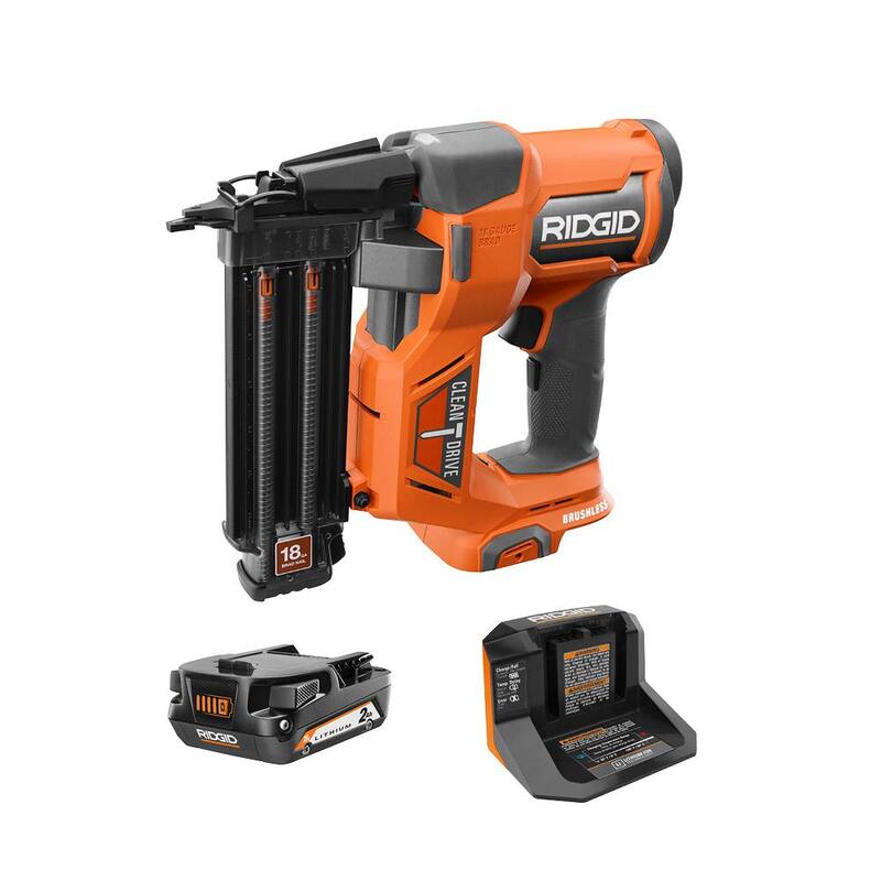 Clavadora inalámbrica sin escobillas RIDGID 18V de calibre 18 de 2-1/8 pulgadas con tecnología CLEAN DRIVE con batería de 2.0 Ah y cargador - R09891K